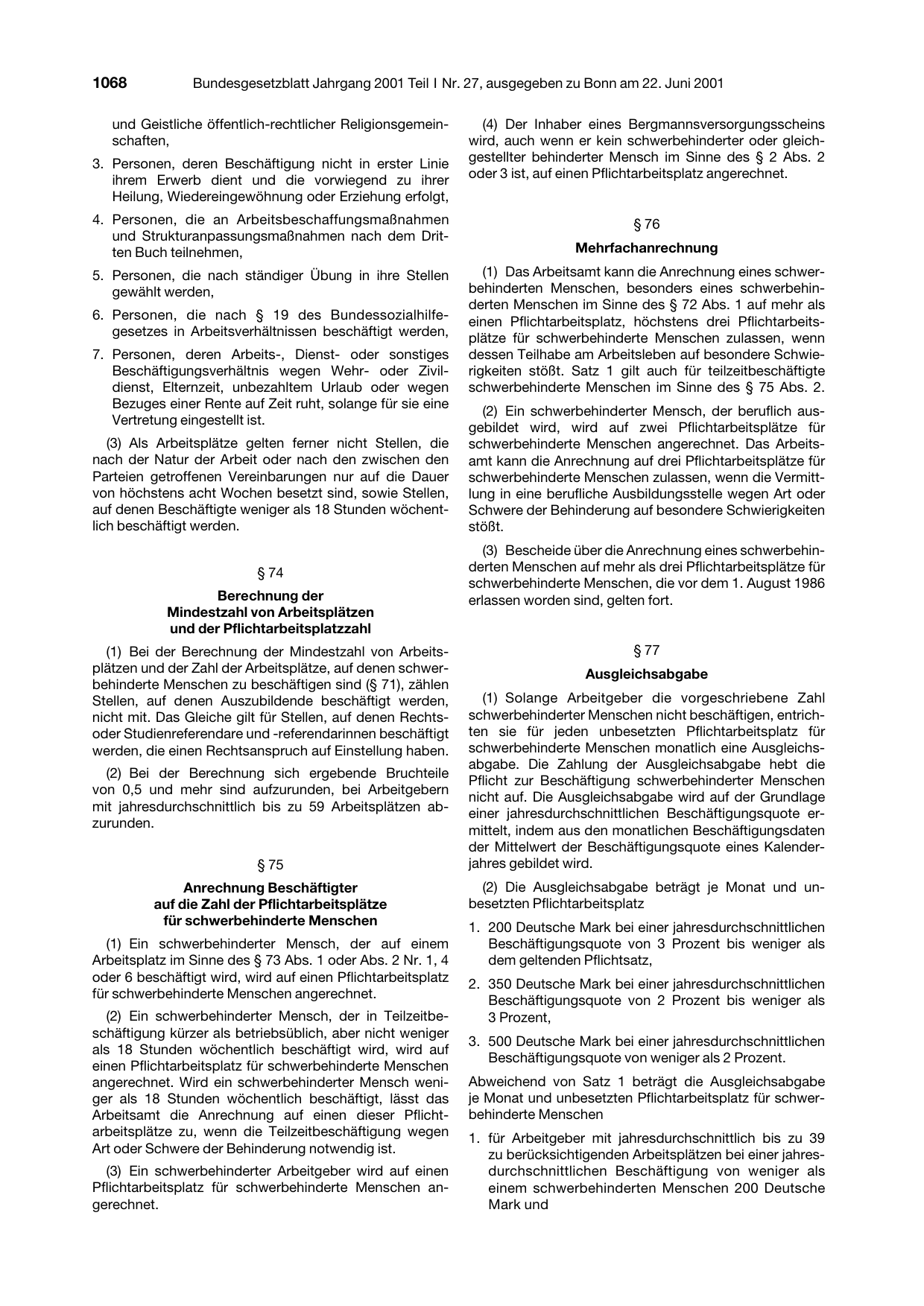 BGBl. 2001, Seite 1068 — Originalseite als Abbildung
