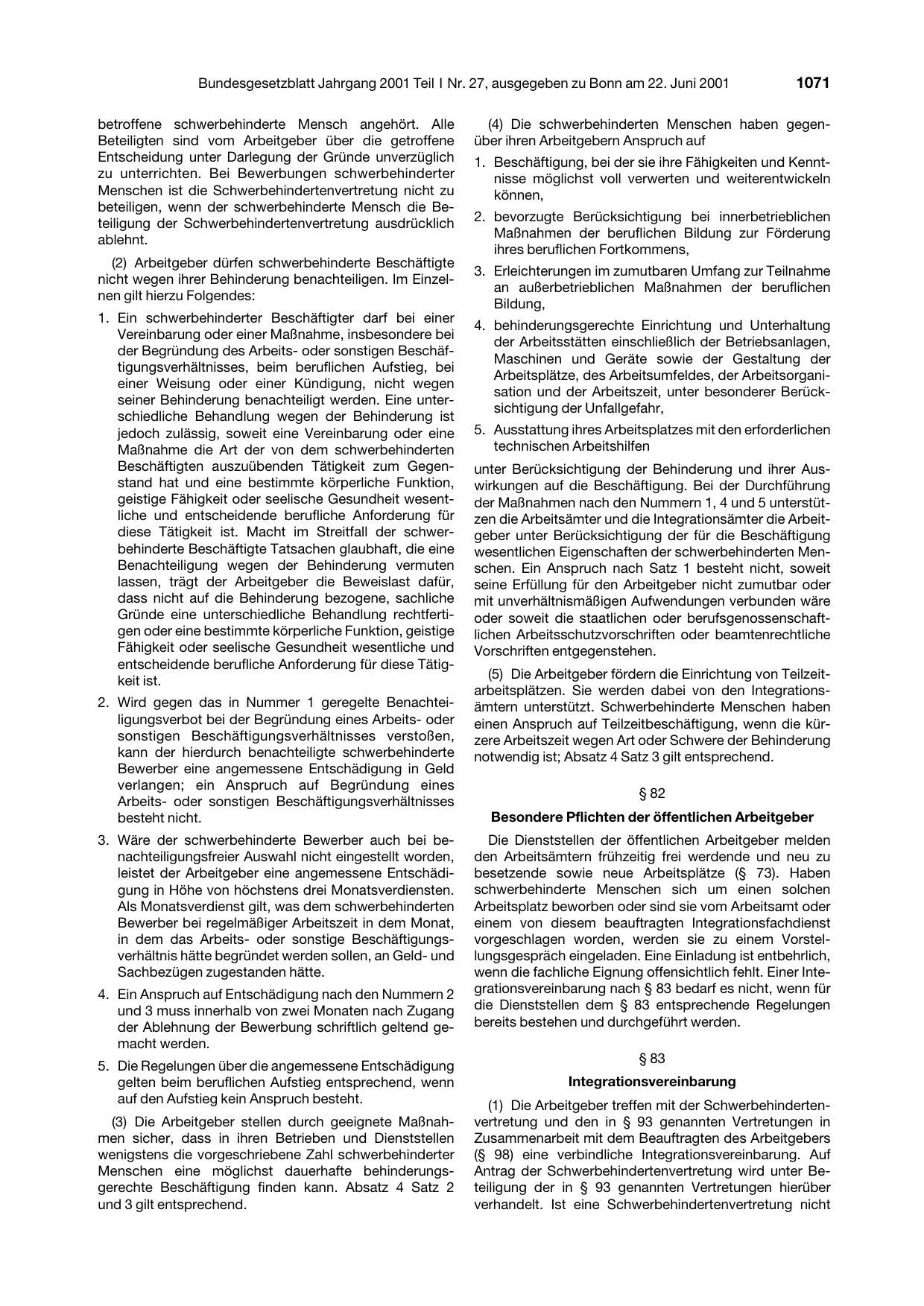 BGBl. 2001, Seite 1071 — Originalseite als Abbildung
