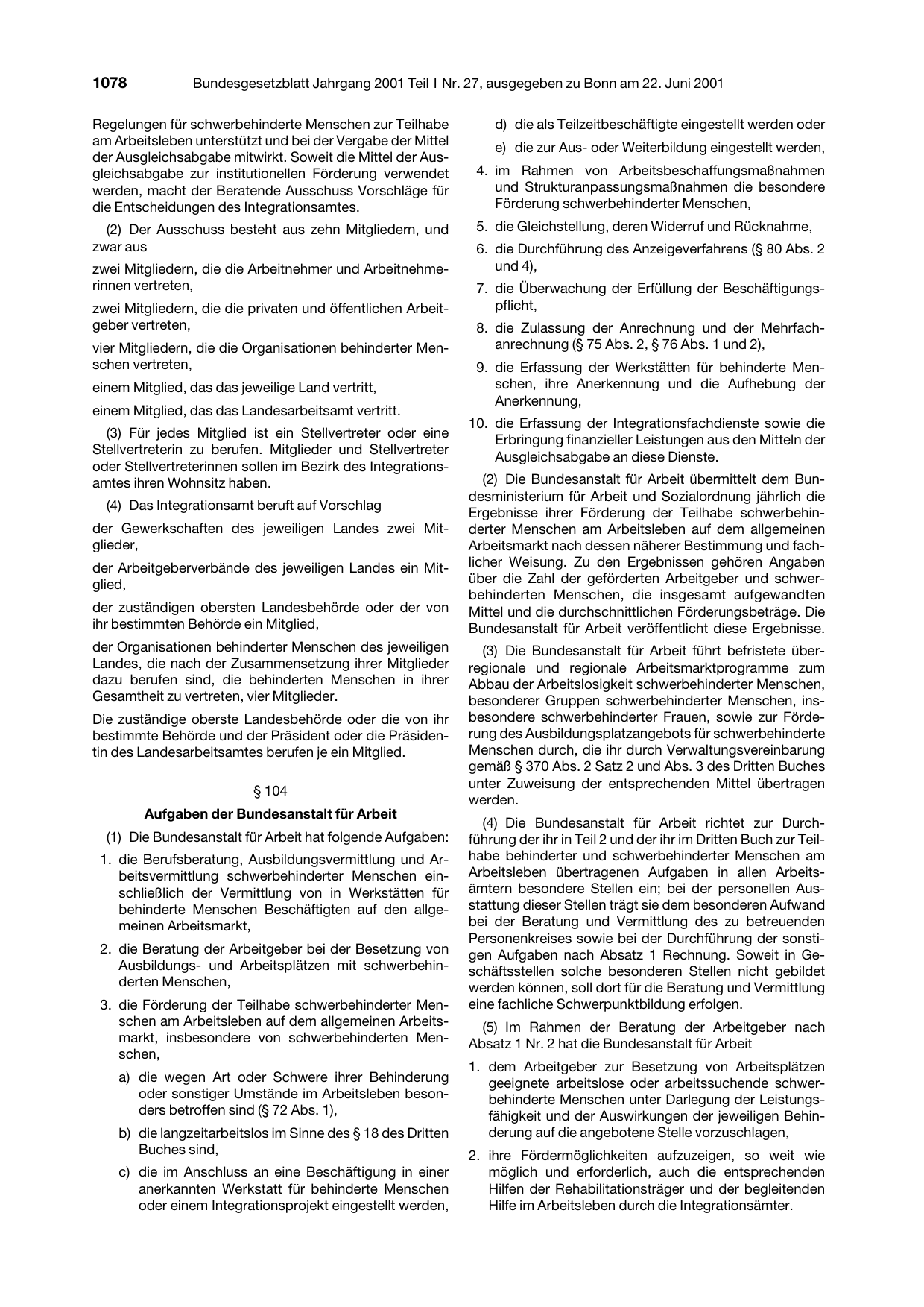 BGBl. 2001, Seite 1078 — Originalseite als Abbildung