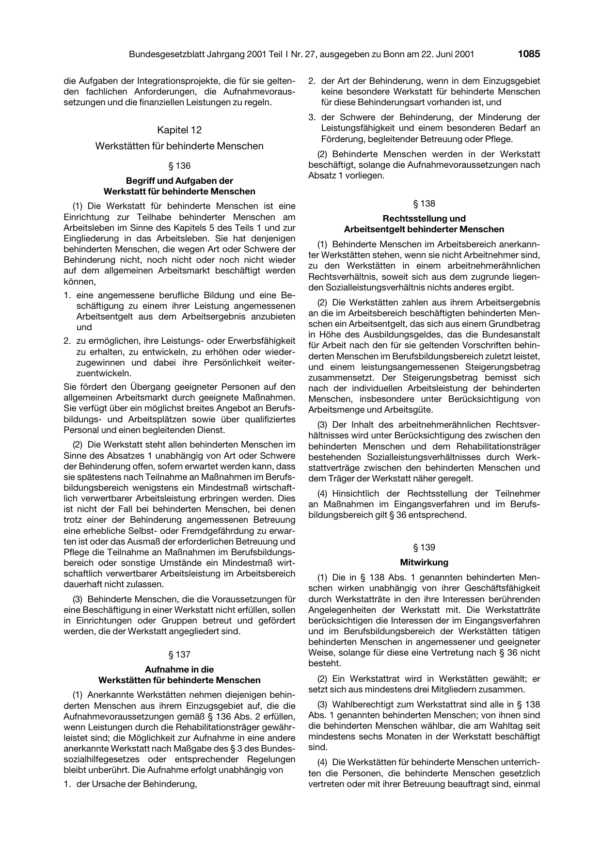 BGBl. 2001, Seite 1085 — Originalseite als Abbildung