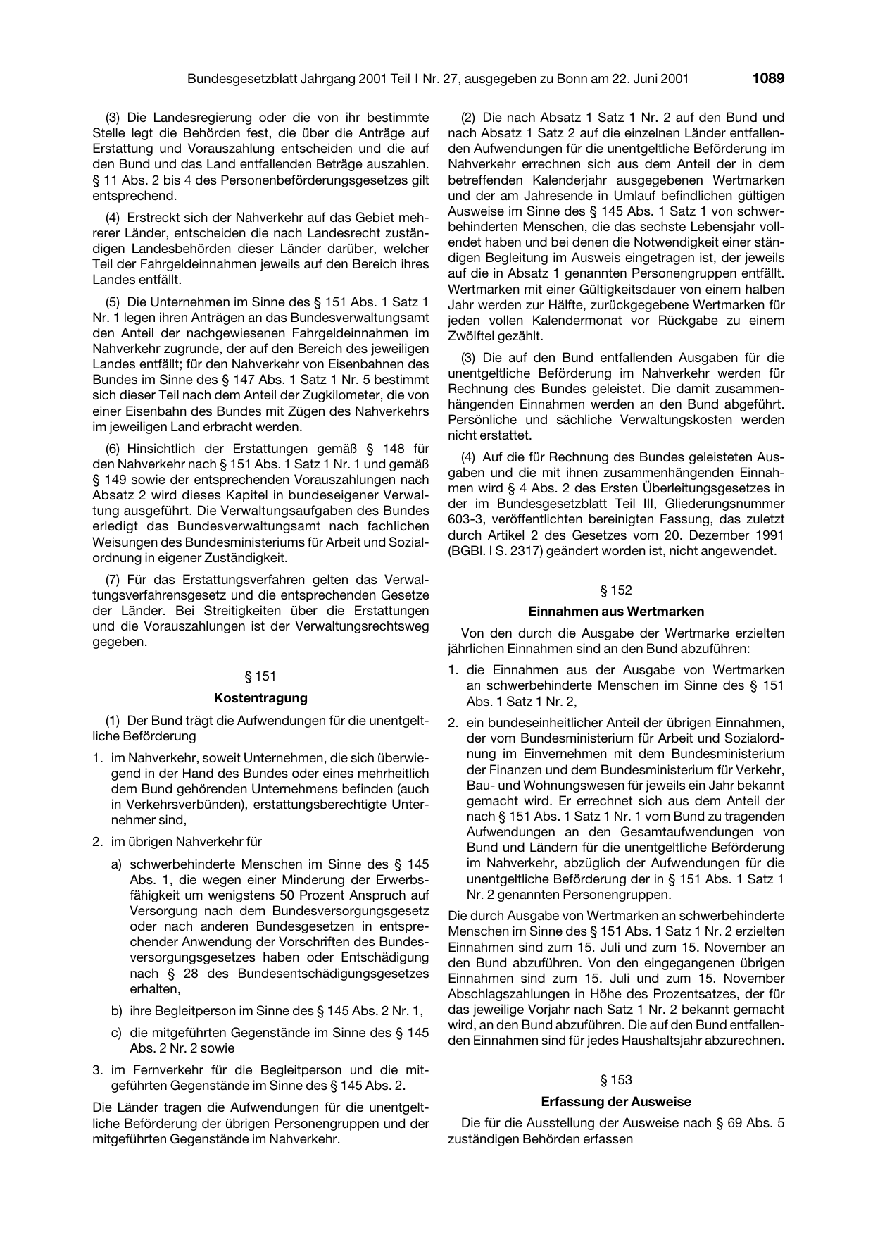 BGBl. 2001, Seite 1089 — Originalseite als Abbildung