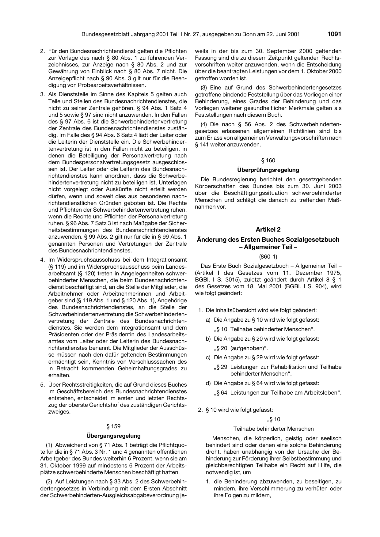 BGBl. 2001, Seite 1091 — Originalseite als Abbildung