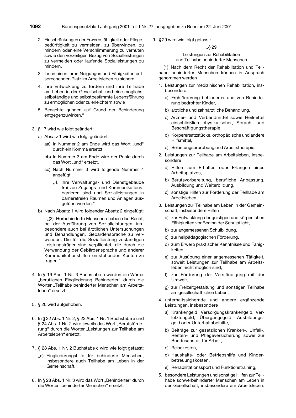 BGBl. 2001, Seite 1092 — Originalseite als Abbildung