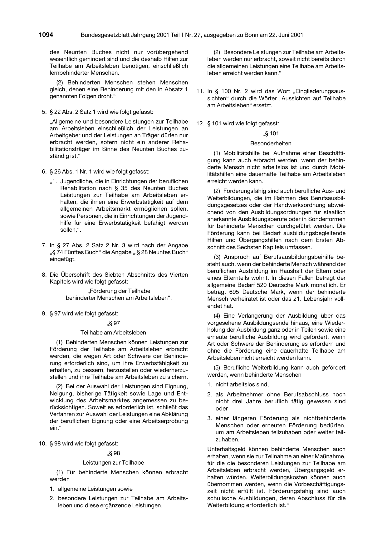 BGBl. 2001, Seite 1094 — Originalseite als Abbildung