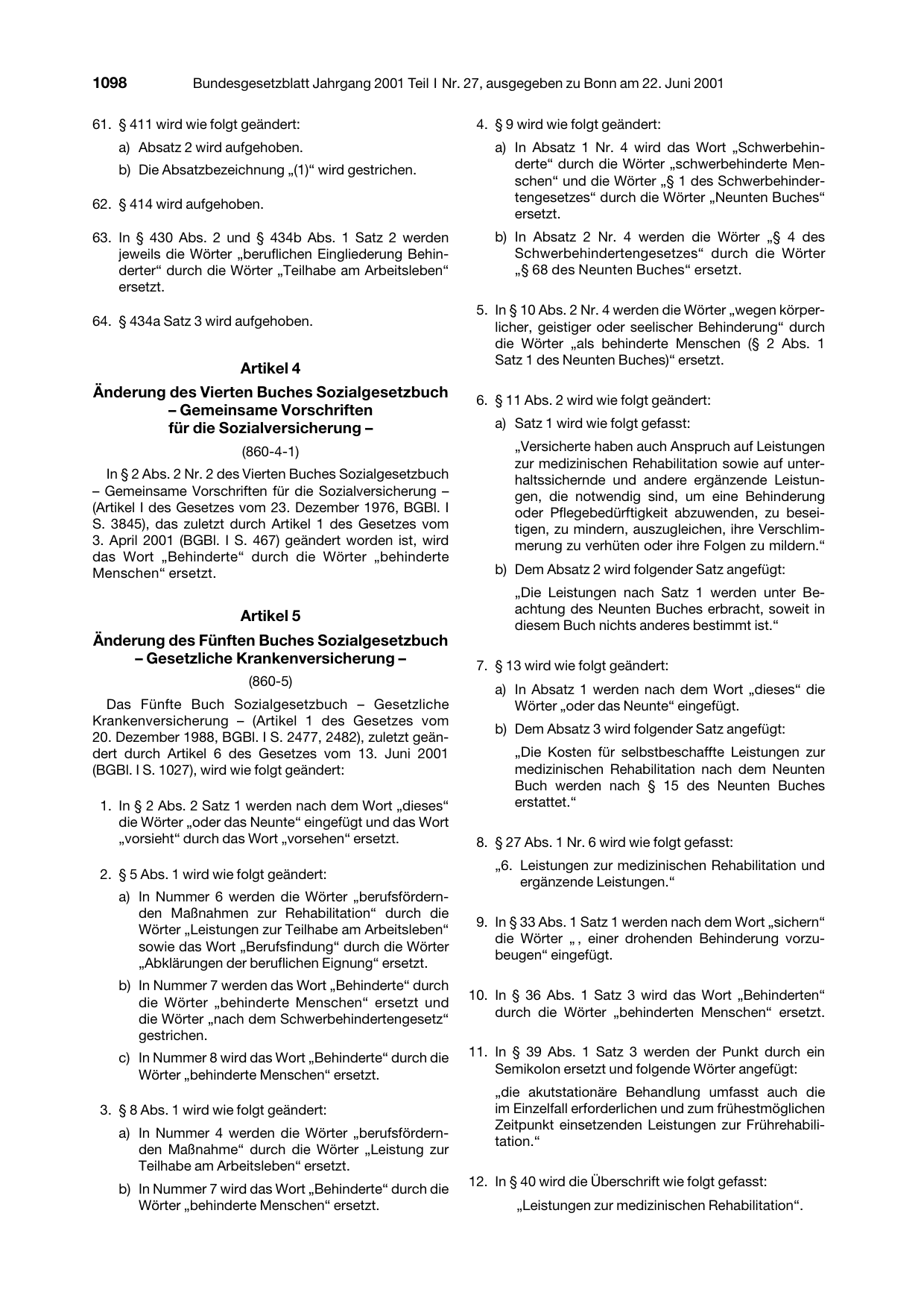 BGBl. 2001, Seite 1098 — Originalseite als Abbildung