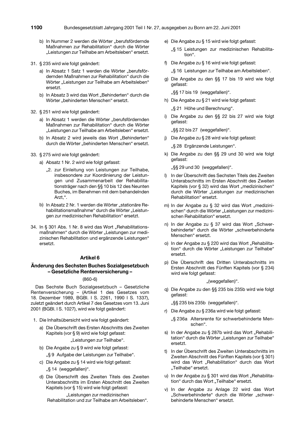 BGBl. 2001, Seite 1100 — Originalseite als Abbildung