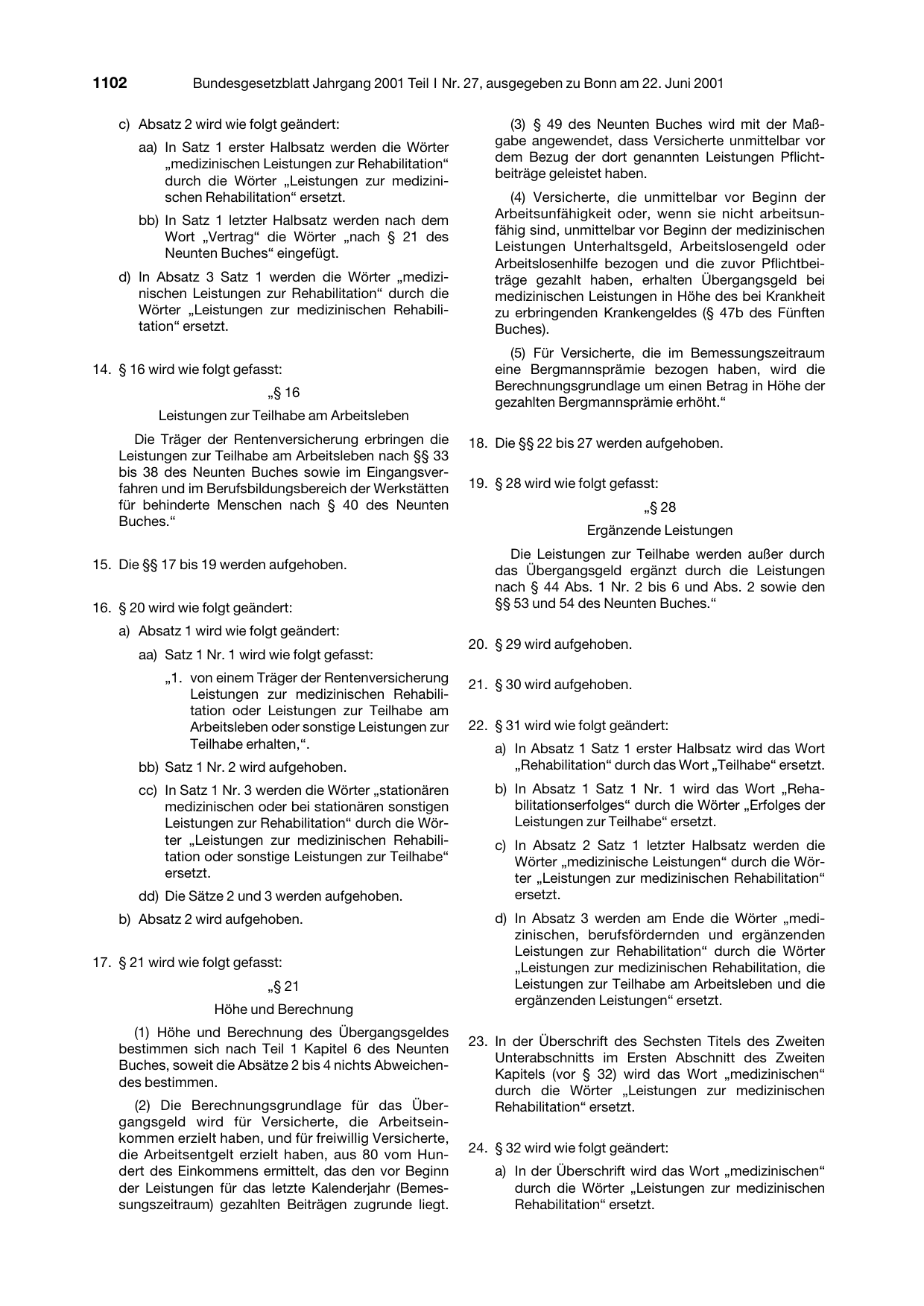 BGBl. 2001, Seite 1102 — Originalseite als Abbildung