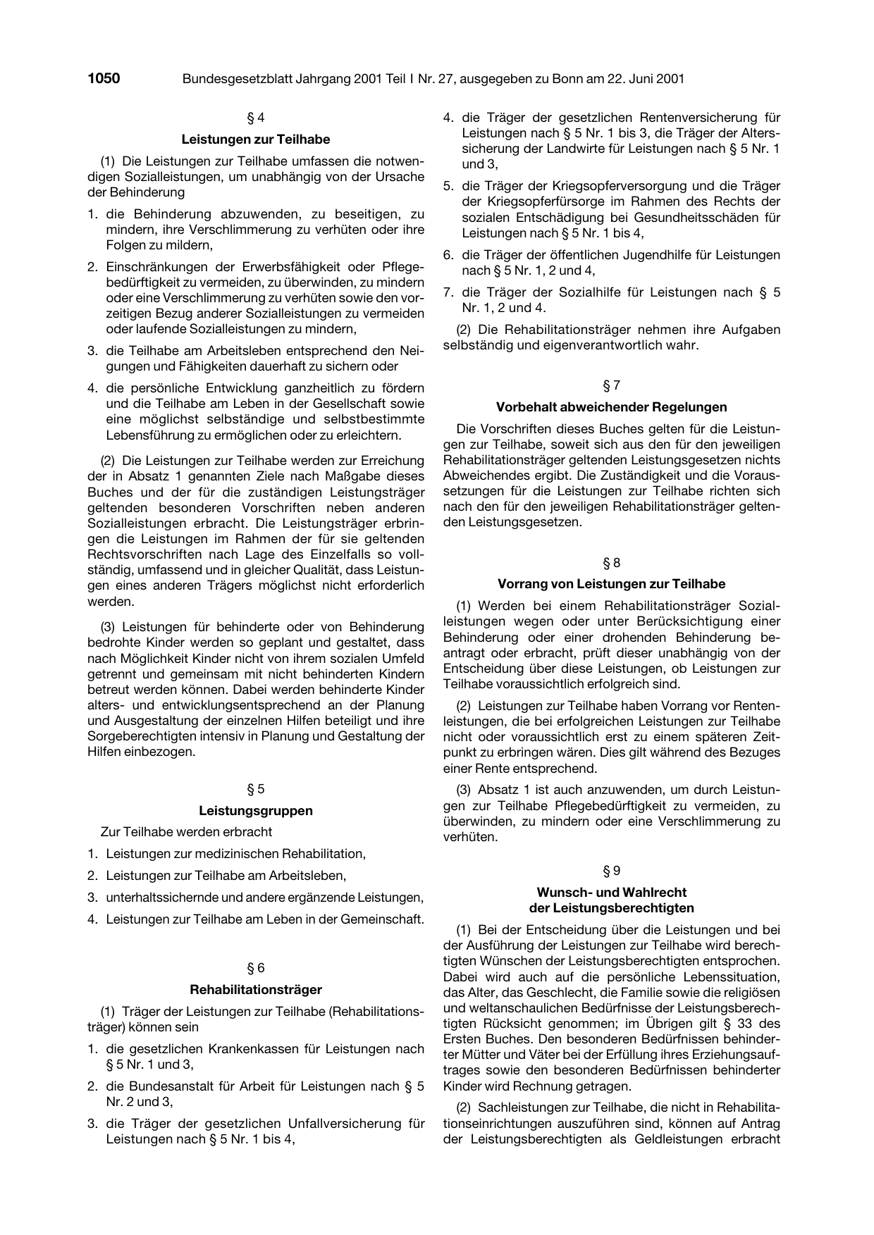 BGBl. 2001, Seite 1050 — Originalseite als Abbildung
