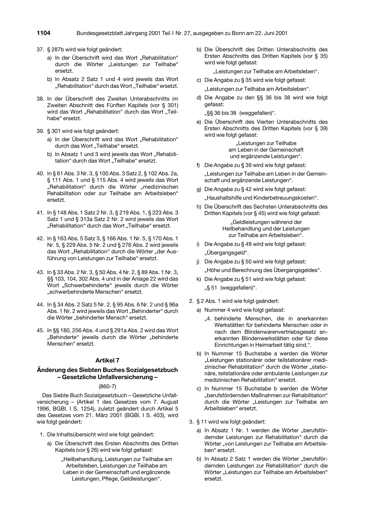 BGBl. 2001, Seite 1104 — Originalseite als Abbildung