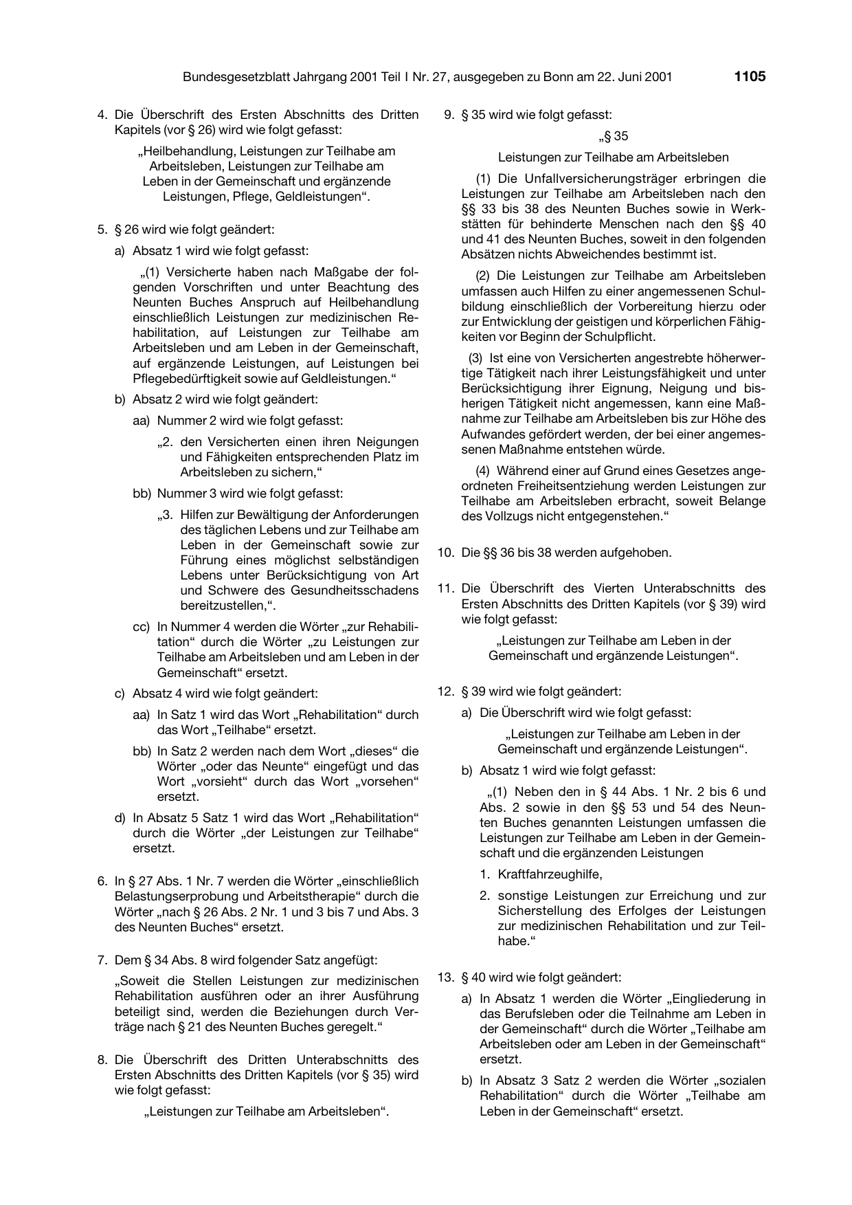BGBl. 2001, Seite 1105 — Originalseite als Abbildung