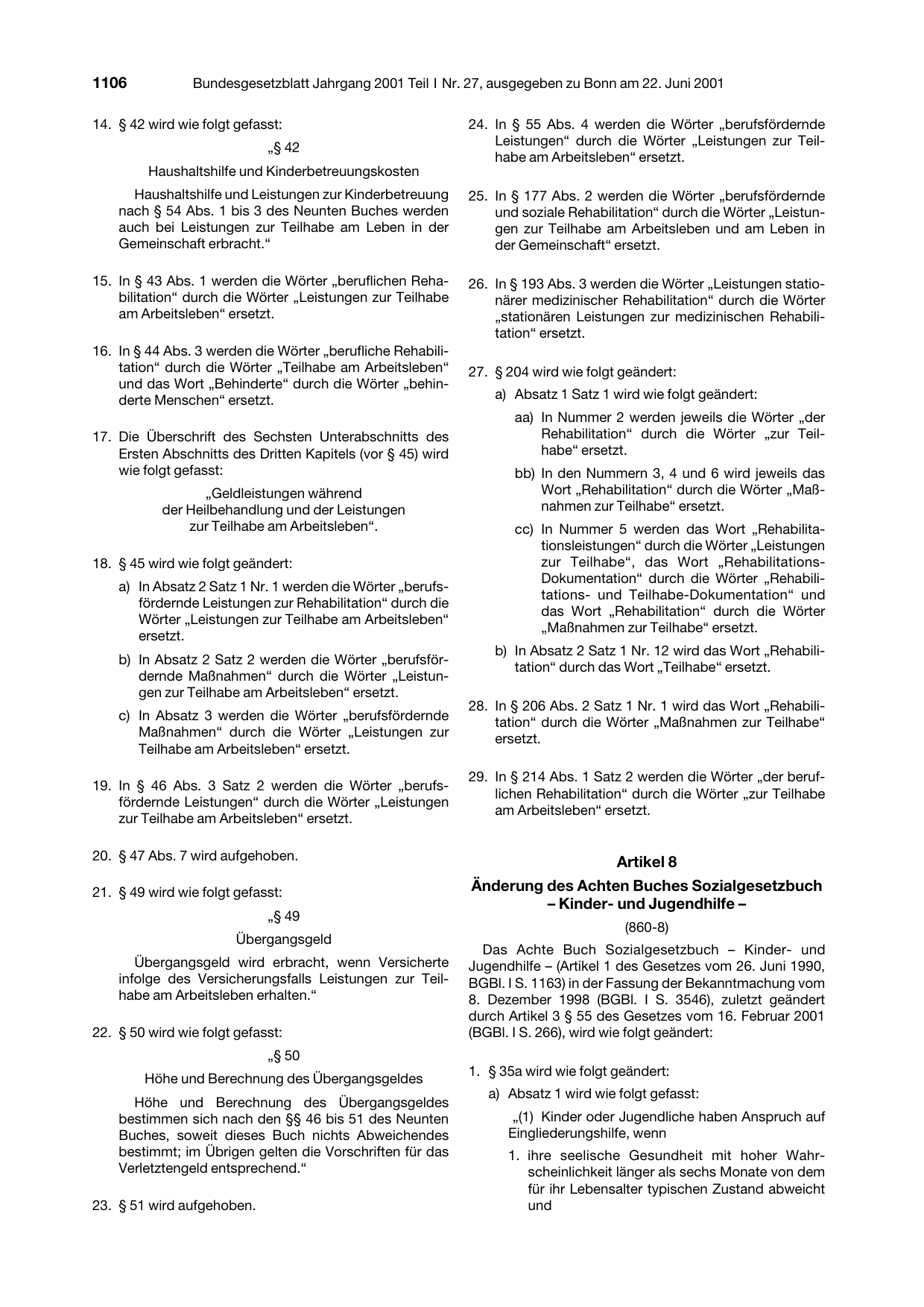 BGBl. 2001, Seite 1106 — Originalseite als Abbildung