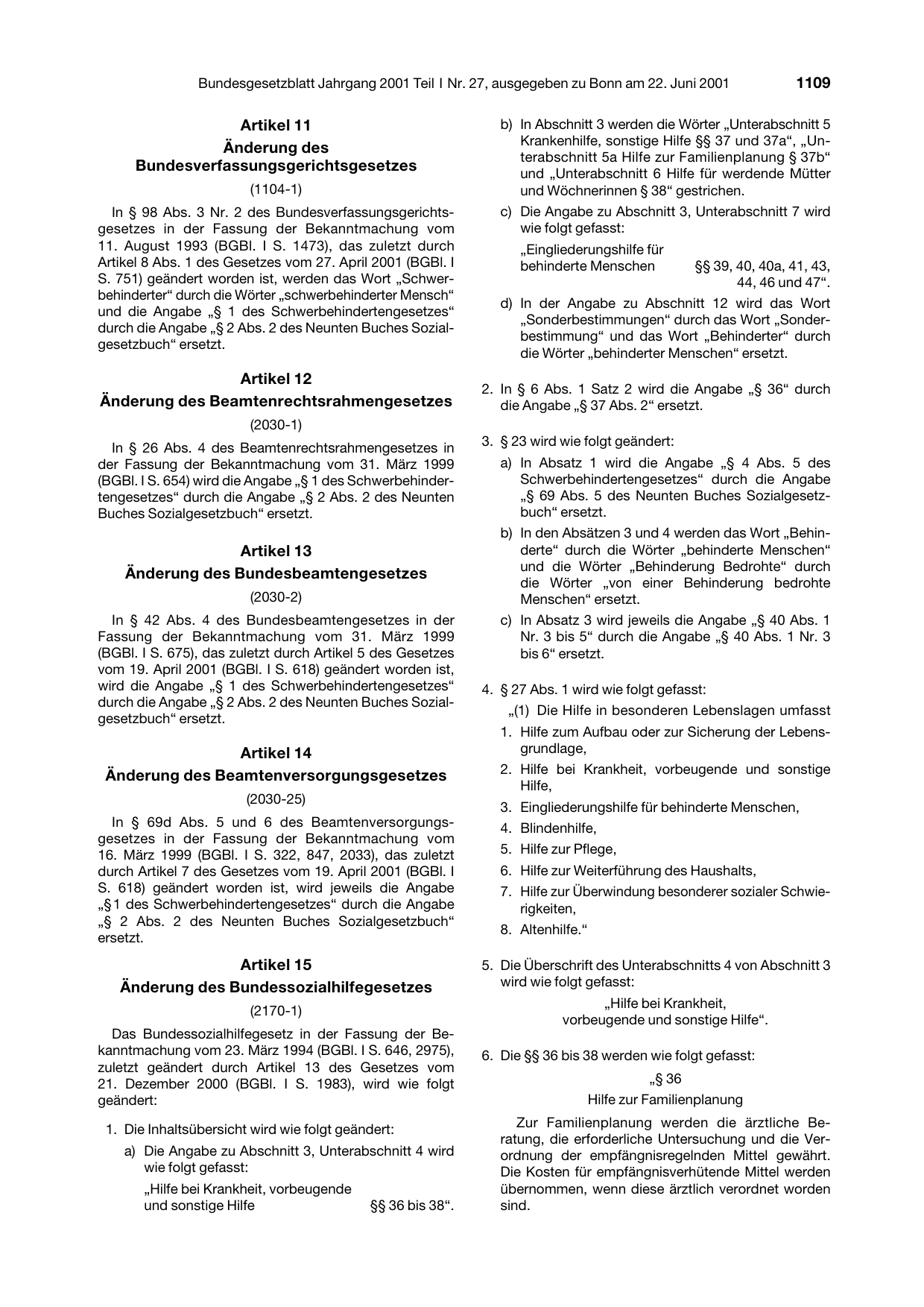 BGBl. 2001, Seite 1109 — Originalseite als Abbildung