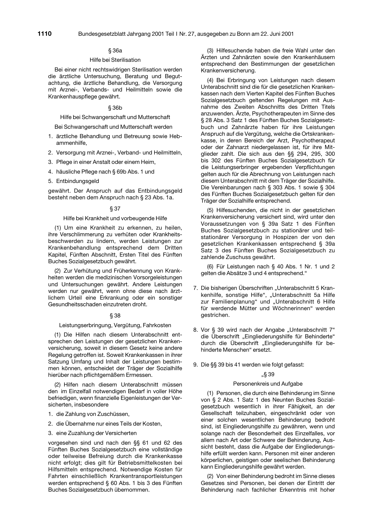 BGBl. 2001, Seite 1110 — Originalseite als Abbildung