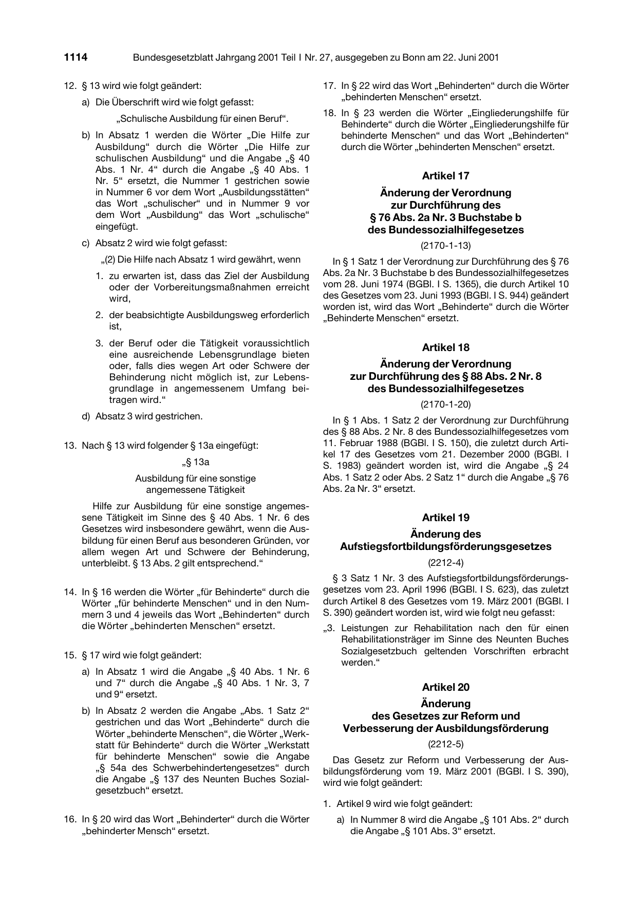 BGBl. 2001, Seite 1114 — Originalseite als Abbildung