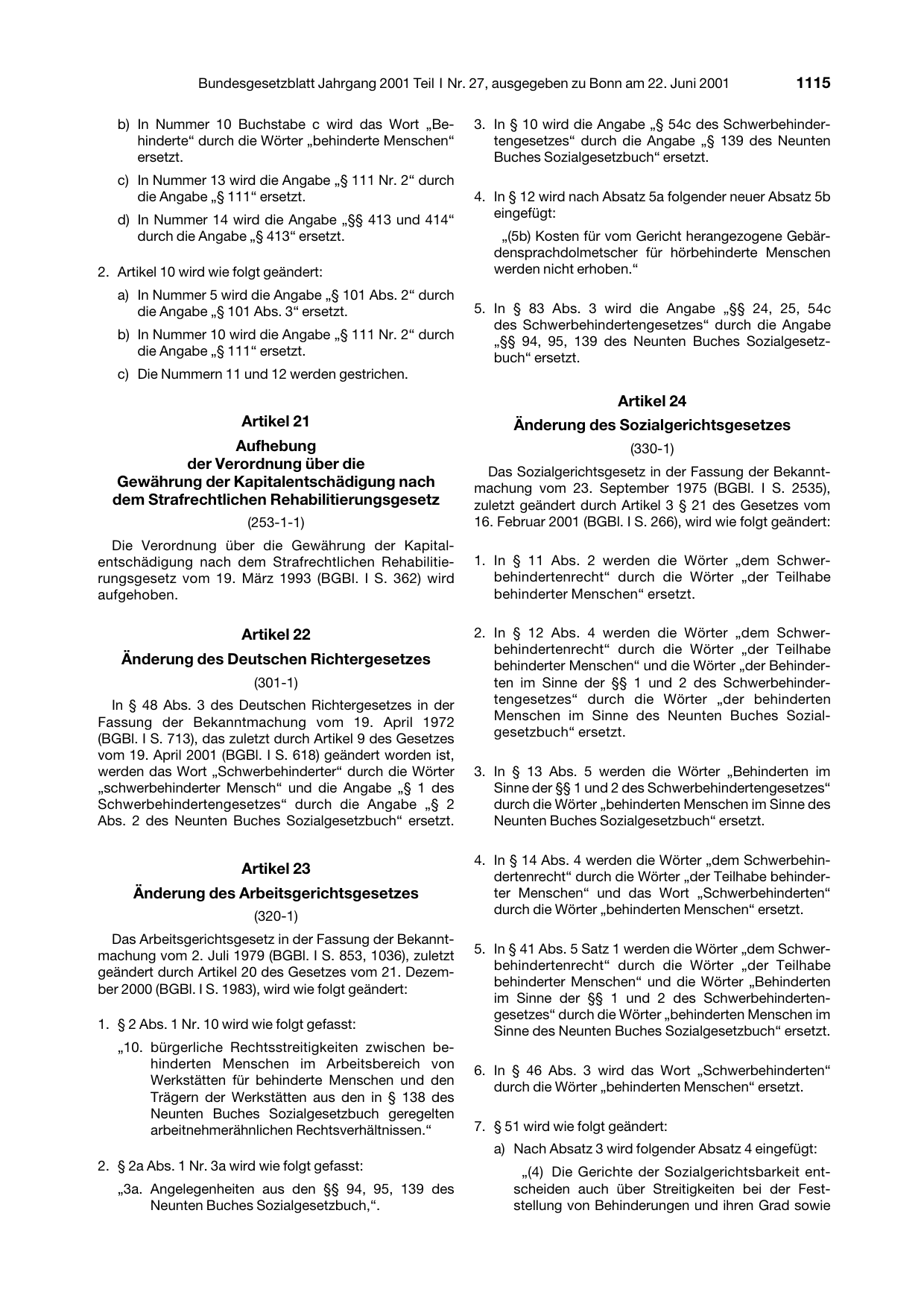 BGBl. 2001, Seite 1115 — Originalseite als Abbildung