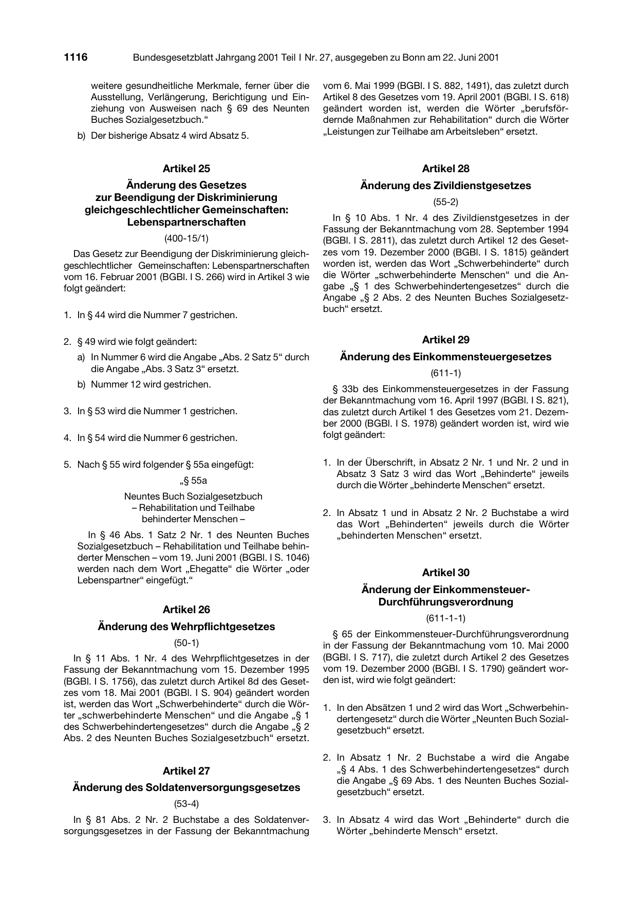 BGBl. 2001, Seite 1116 — Originalseite als Abbildung