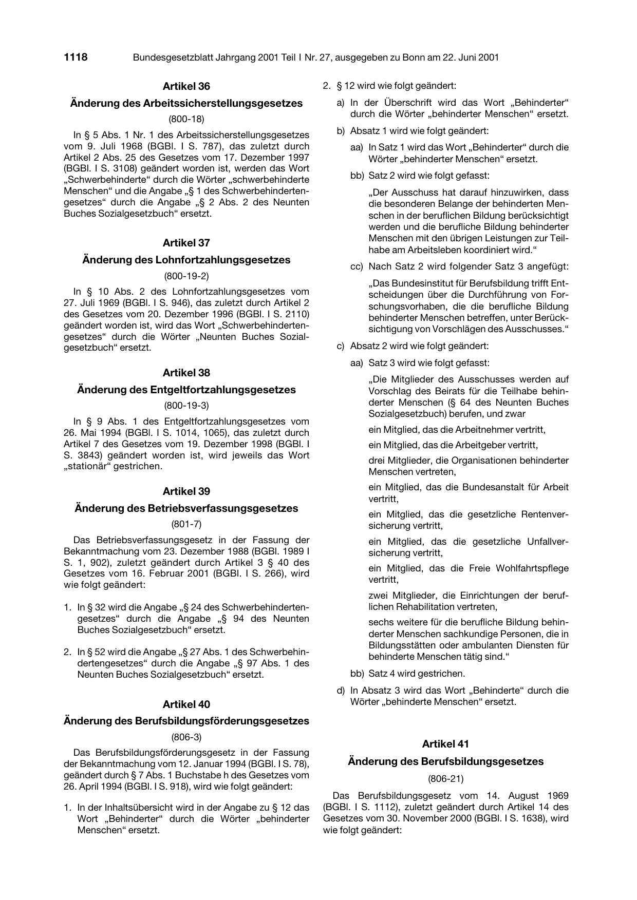 BGBl. 2001, Seite 1118 — Originalseite als Abbildung