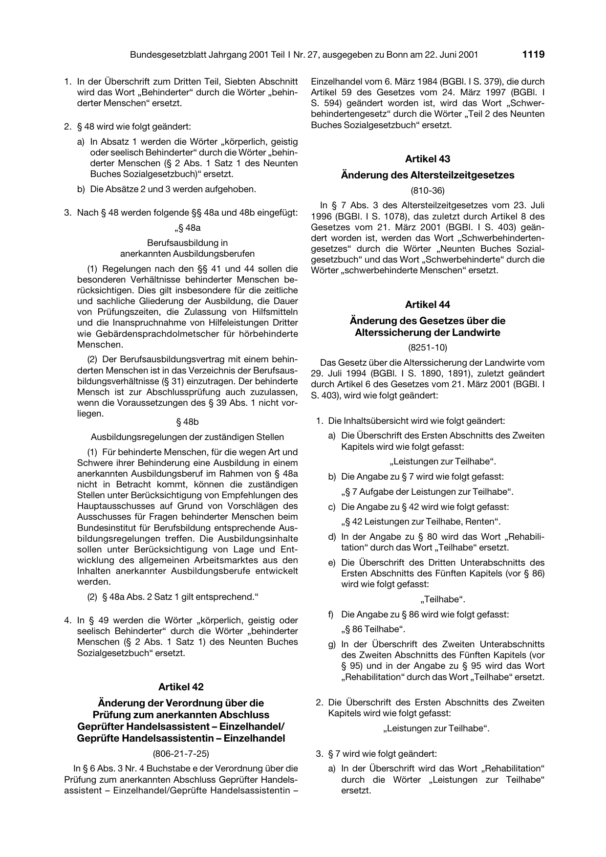 BGBl. 2001, Seite 1119 — Originalseite als Abbildung