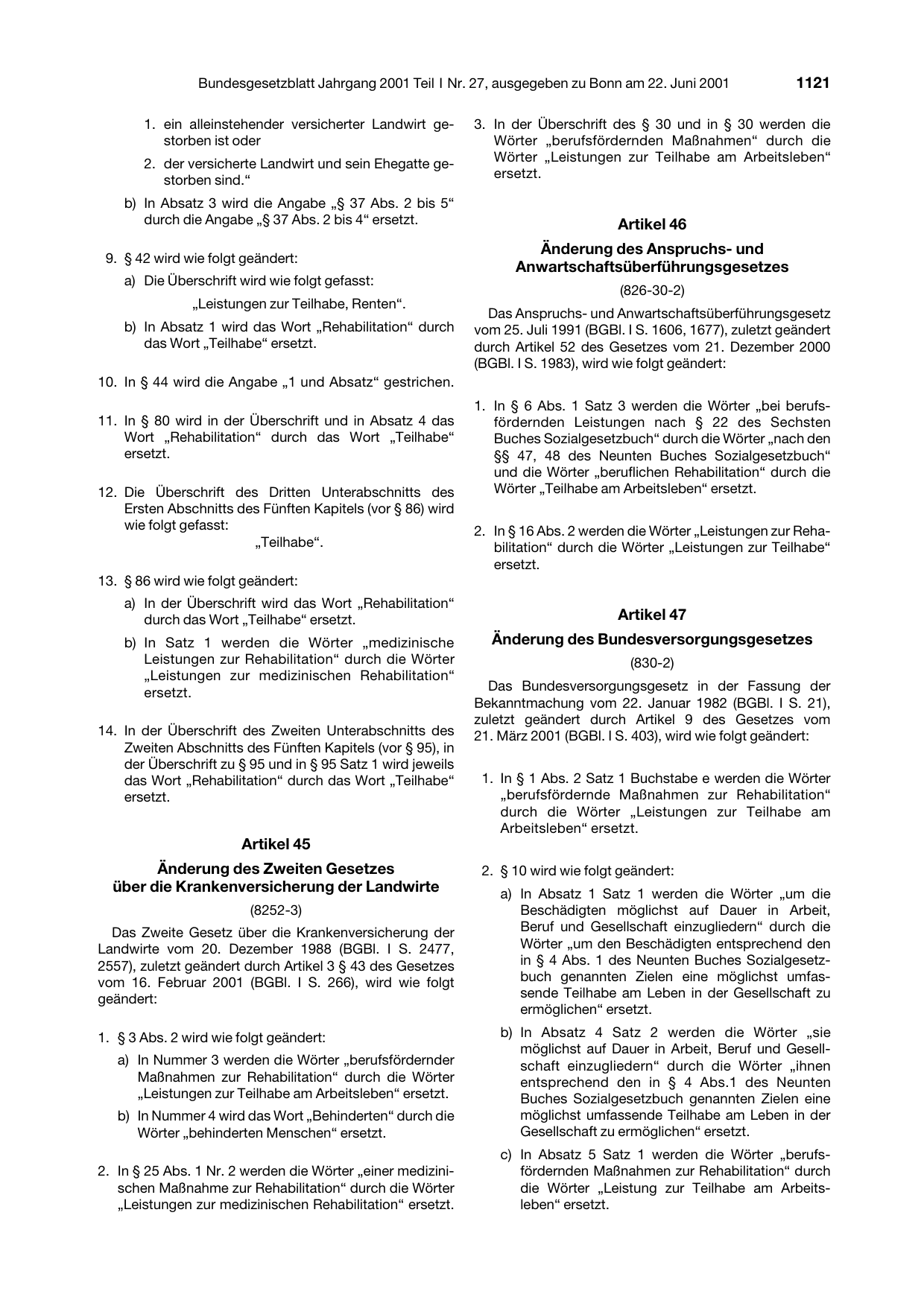 BGBl. 2001, Seite 1121 — Originalseite als Abbildung
