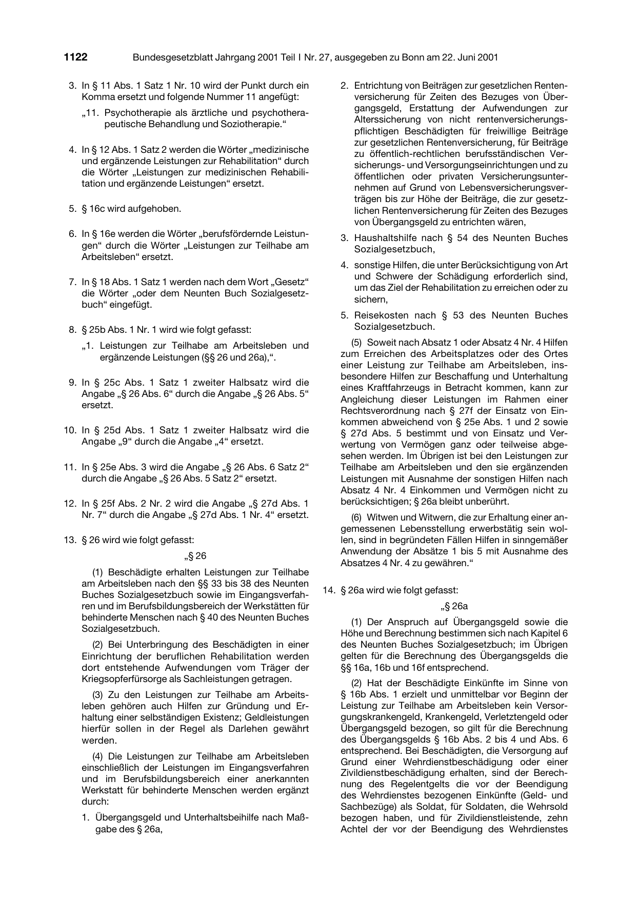 BGBl. 2001, Seite 1122 — Originalseite als Abbildung