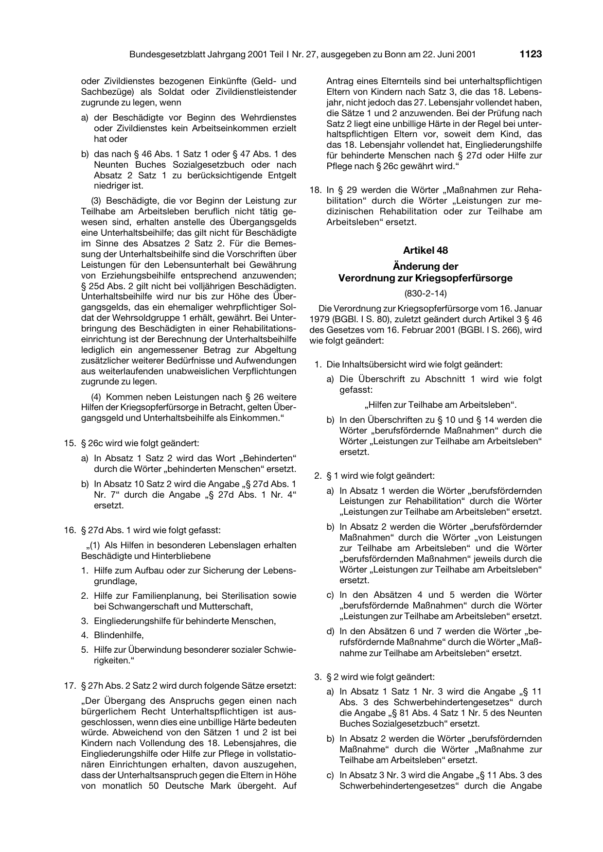 BGBl. 2001, Seite 1123 — Originalseite als Abbildung