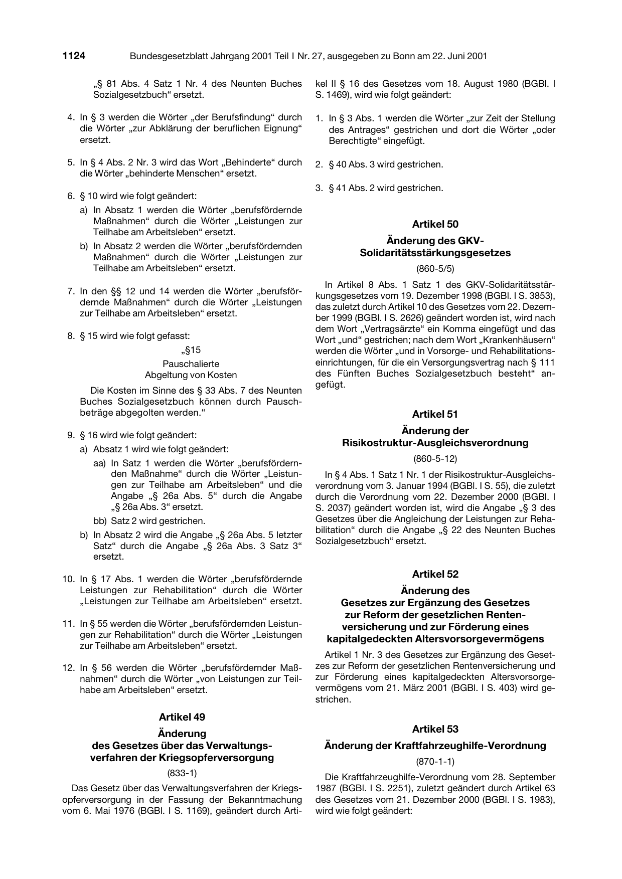 BGBl. 2001, Seite 1124 — Originalseite als Abbildung