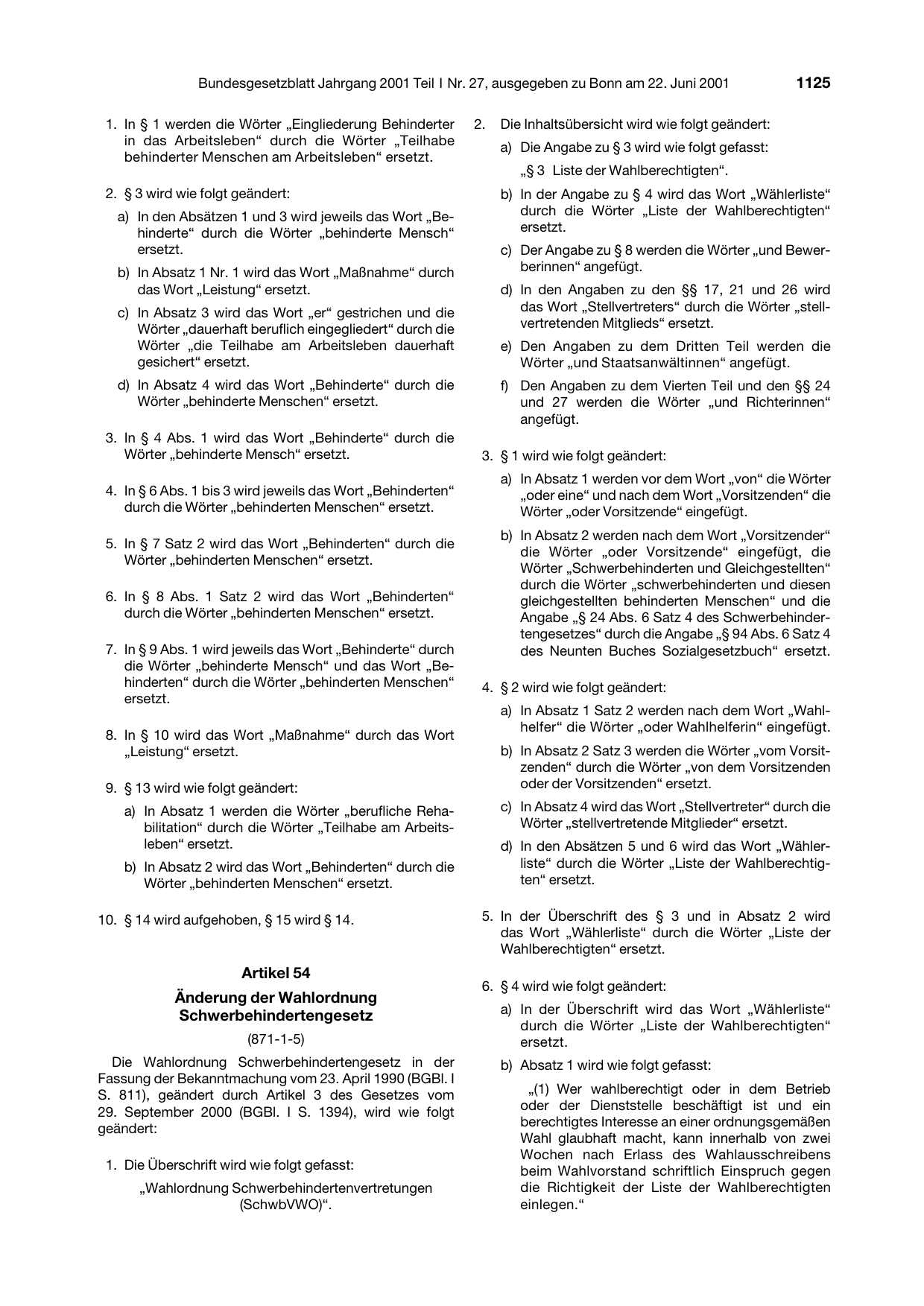 BGBl. 2001, Seite 1125 — Originalseite als Abbildung