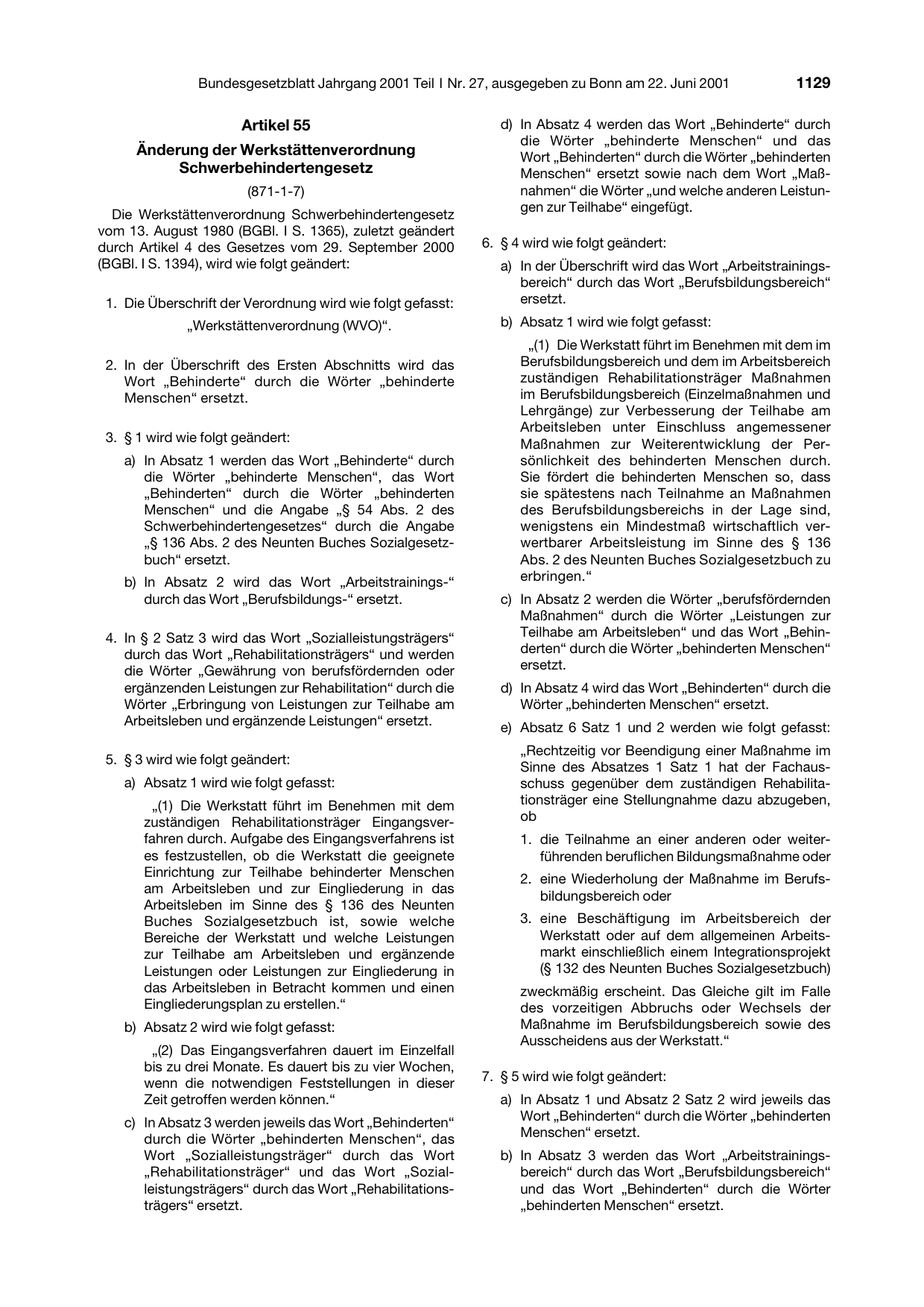 BGBl. 2001, Seite 1129 — Originalseite als Abbildung