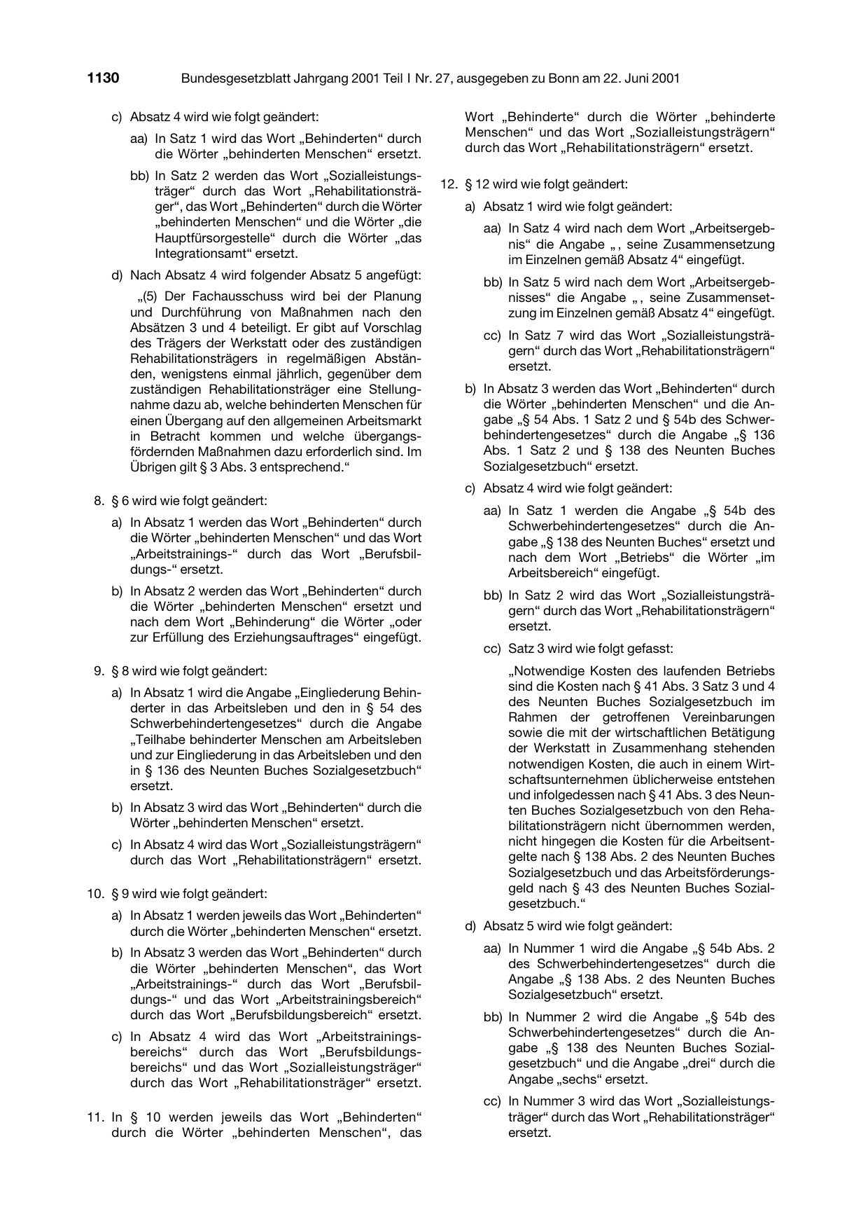 BGBl. 2001, Seite 1130 — Originalseite als Abbildung