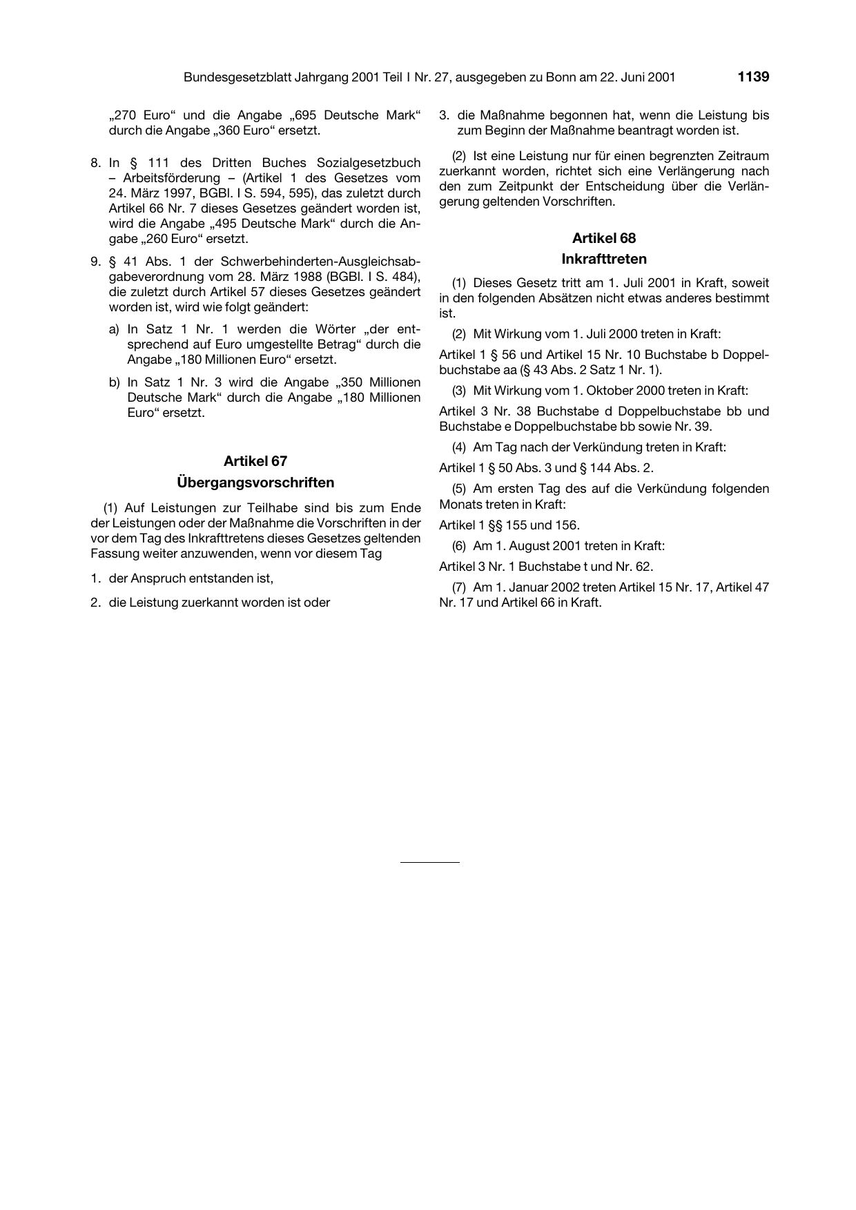 BGBl. 2001, Seite 1139 — Originalseite als Abbildung