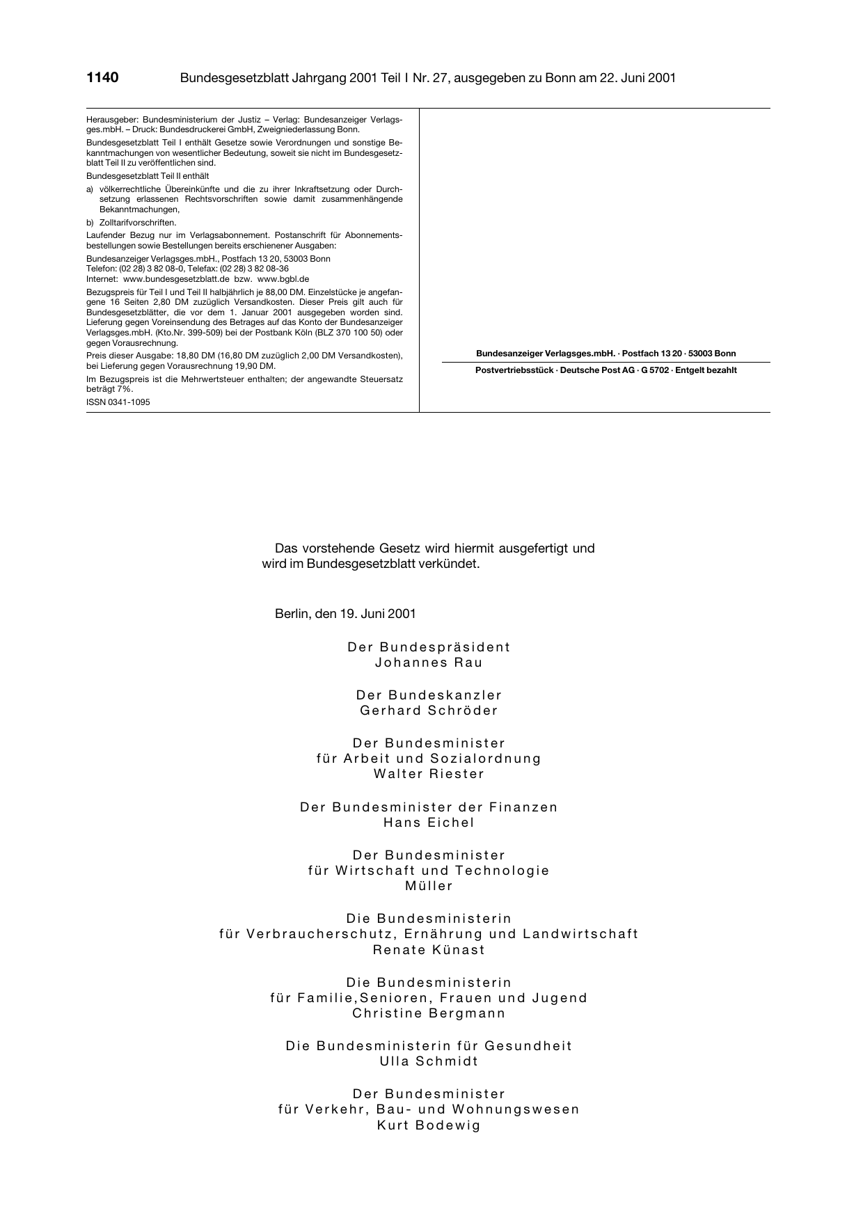 BGBl. 2001, Seite 1140 — Originalseite als Abbildung