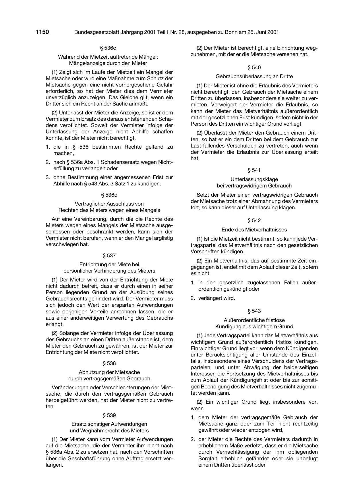 BGBl. 2001, Seite 1150 — Originalseite als Abbildung
