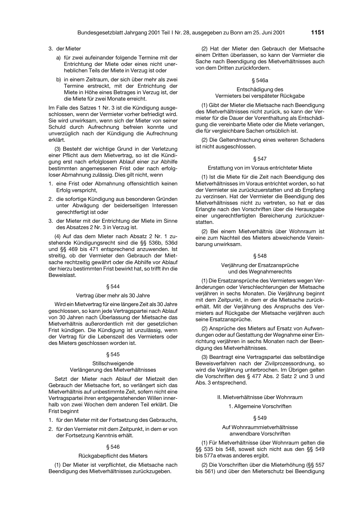 BGBl. 2001, Seite 1151 — Originalseite als Abbildung