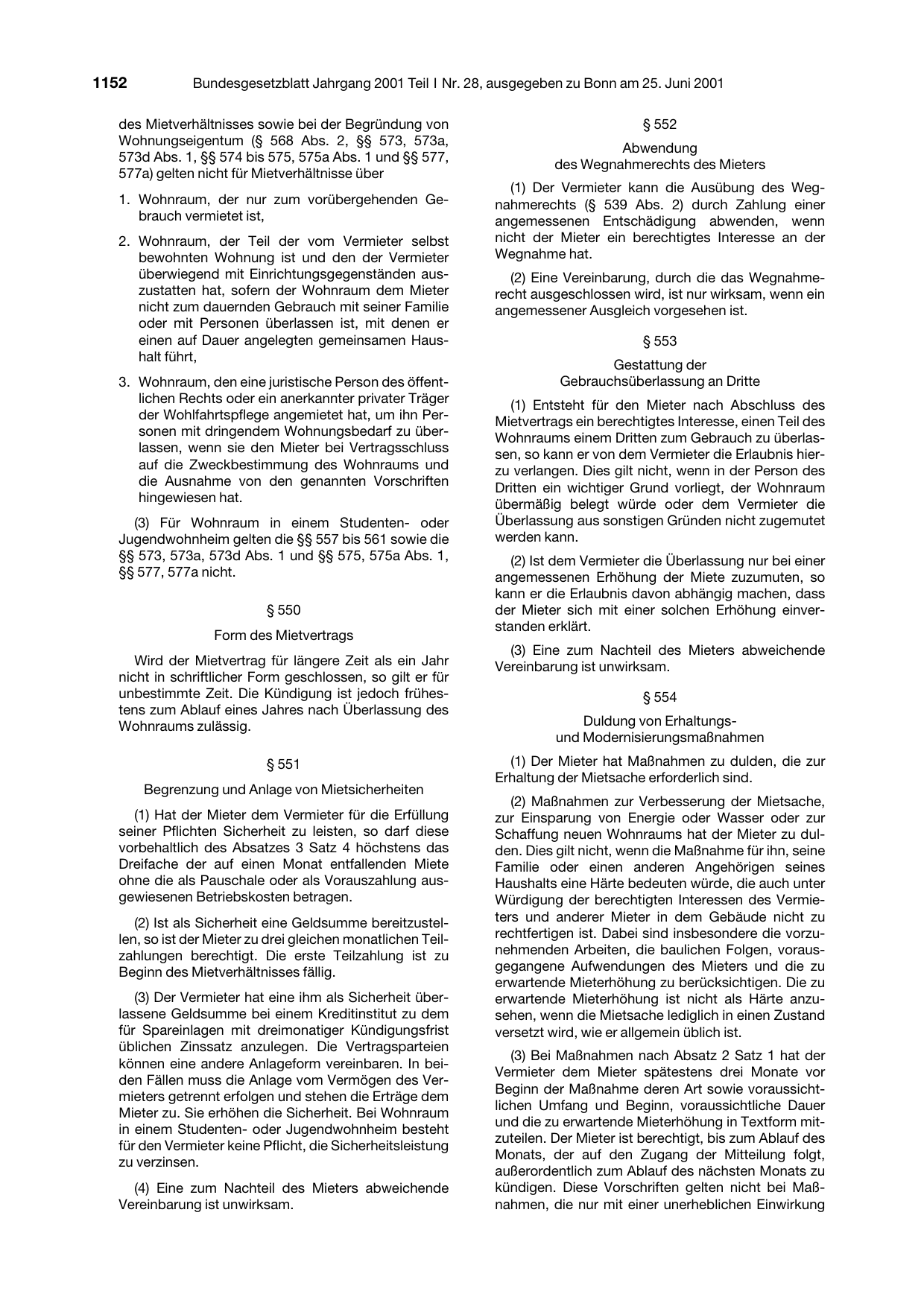 BGBl. 2001, Seite 1152 — Originalseite als Abbildung