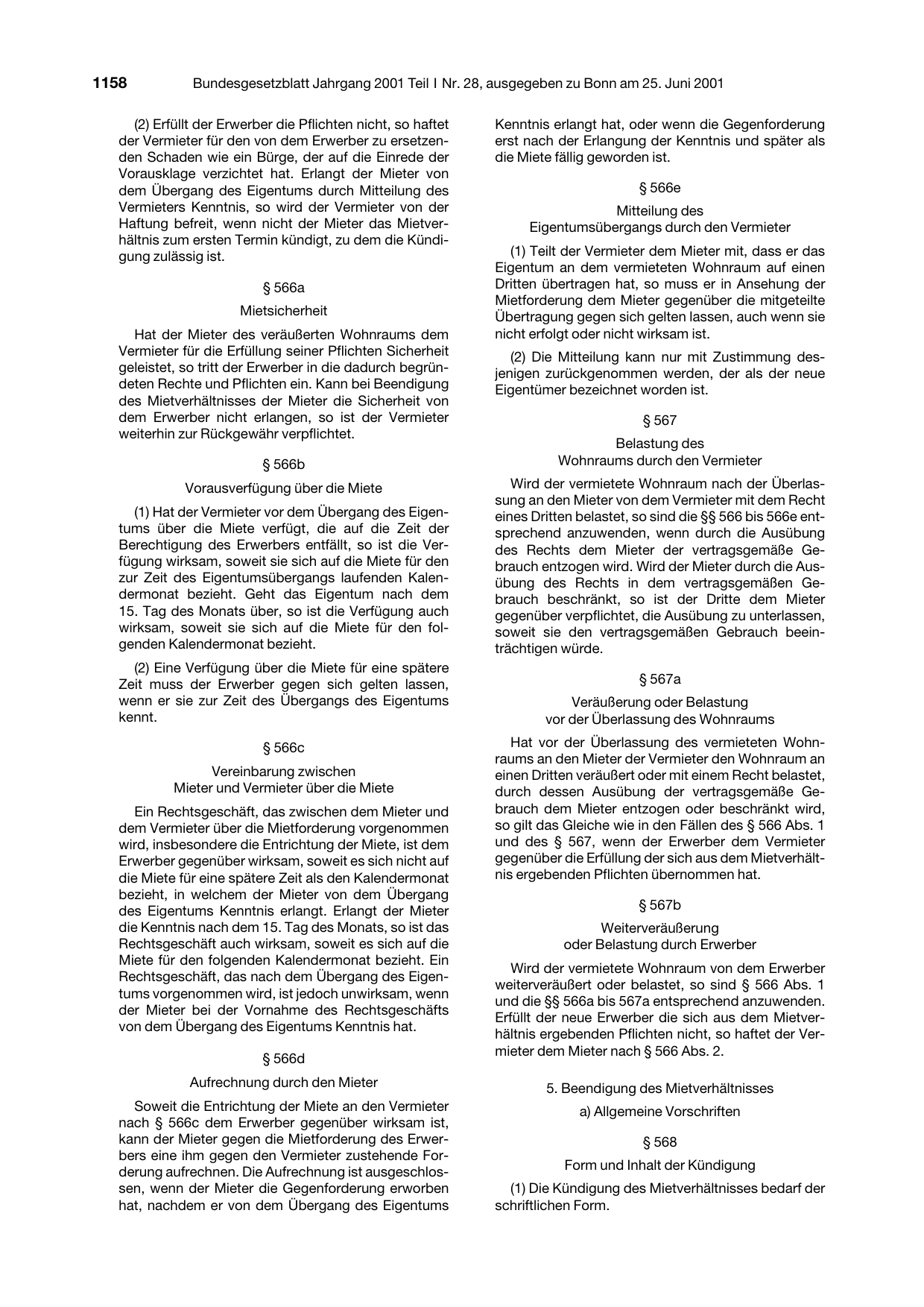 BGBl. 2001, Seite 1158 — Originalseite als Abbildung