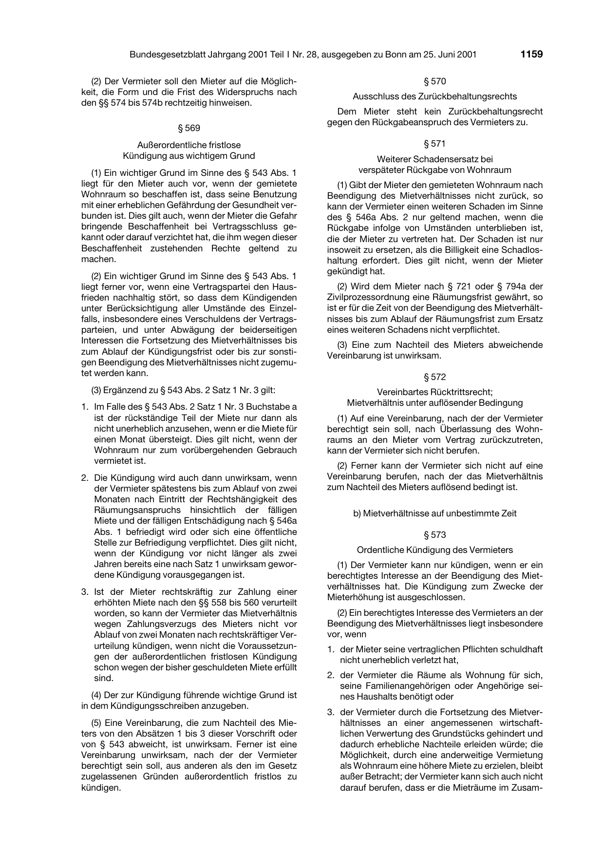BGBl. 2001, Seite 1159 — Originalseite als Abbildung