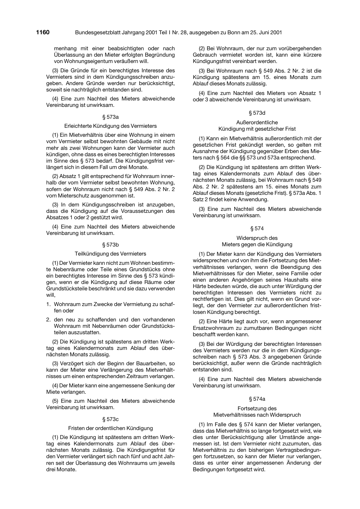BGBl. 2001, Seite 1160 — Originalseite als Abbildung