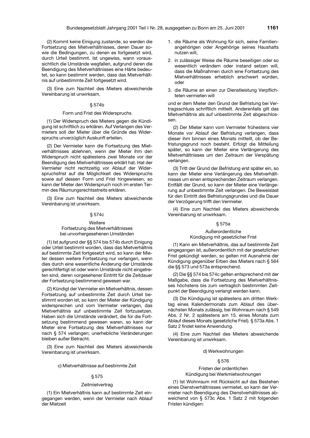 BGBl. 2001, Seite 1161 — Originalseite als Abbildung