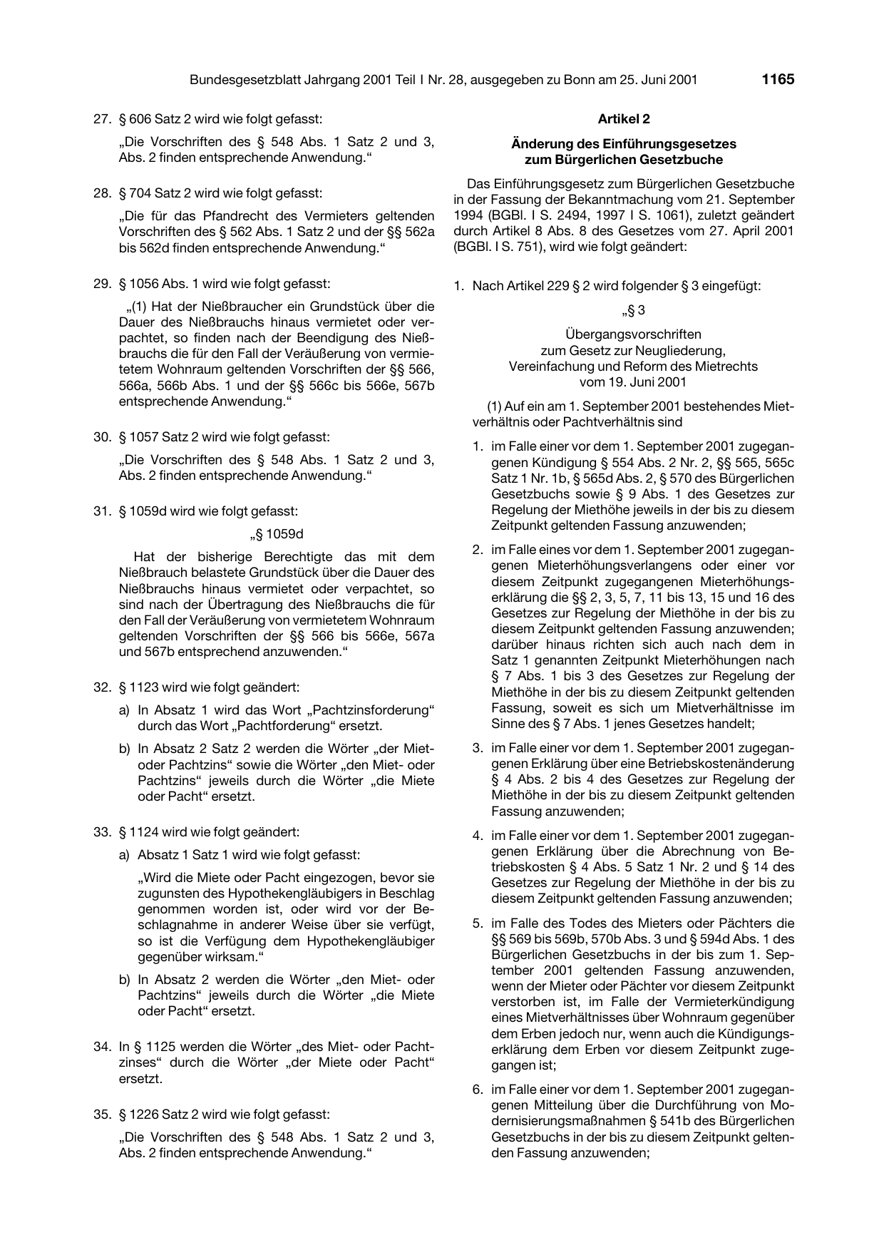 BGBl. 2001, Seite 1165 — Originalseite als Abbildung
