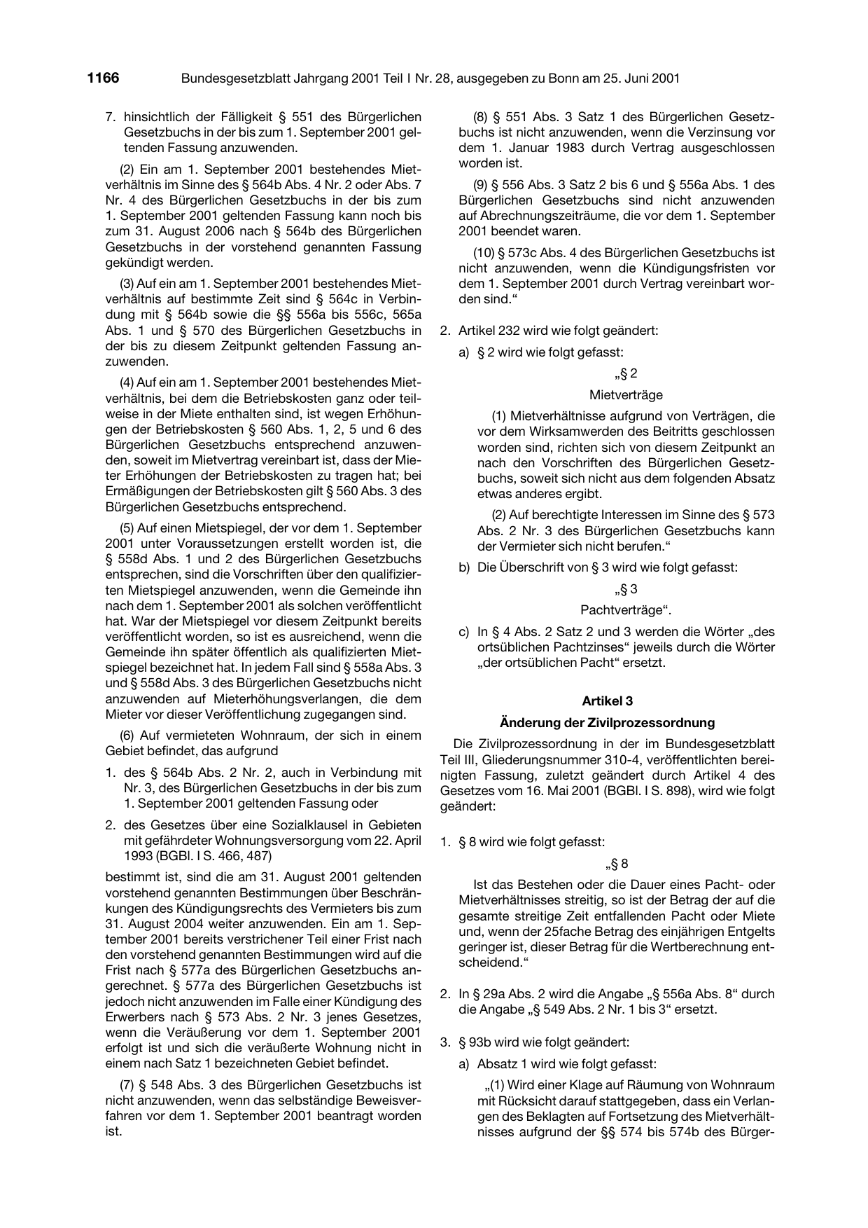 BGBl. 2001, Seite 1166 — Originalseite als Abbildung