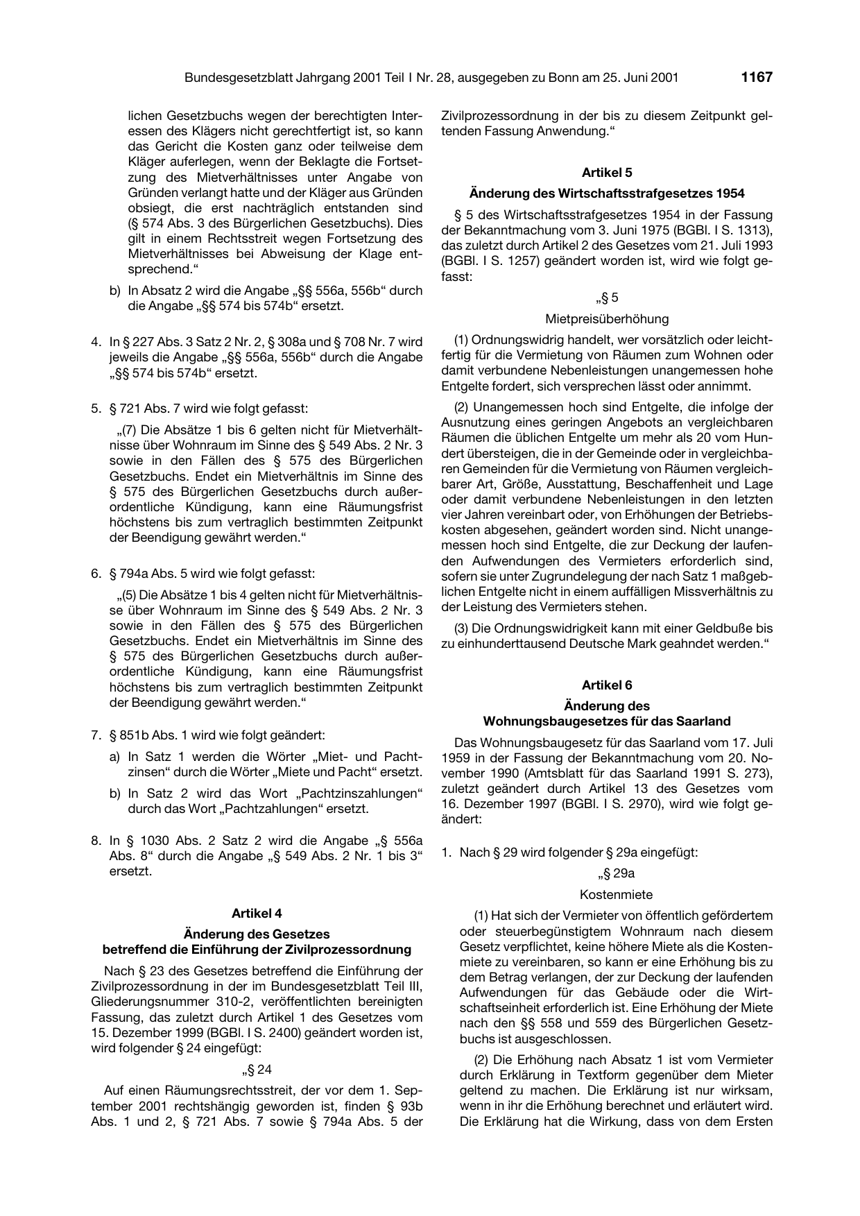 BGBl. 2001, Seite 1167 — Originalseite als Abbildung