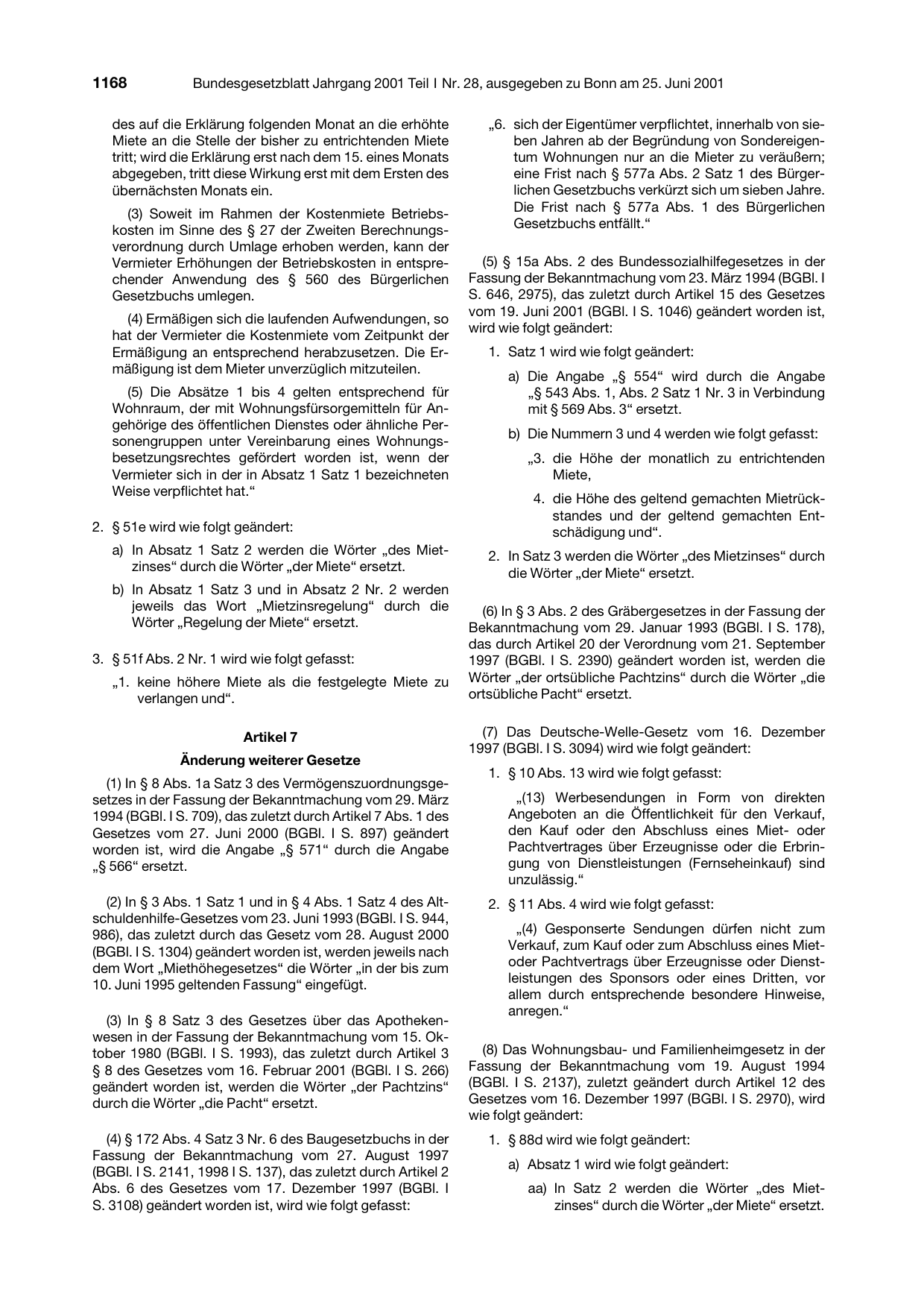BGBl. 2001, Seite 1168 — Originalseite als Abbildung