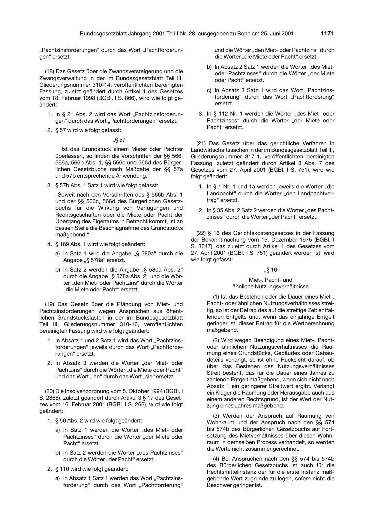 BGBl. 2001, Seite 1171 — Originalseite als Abbildung