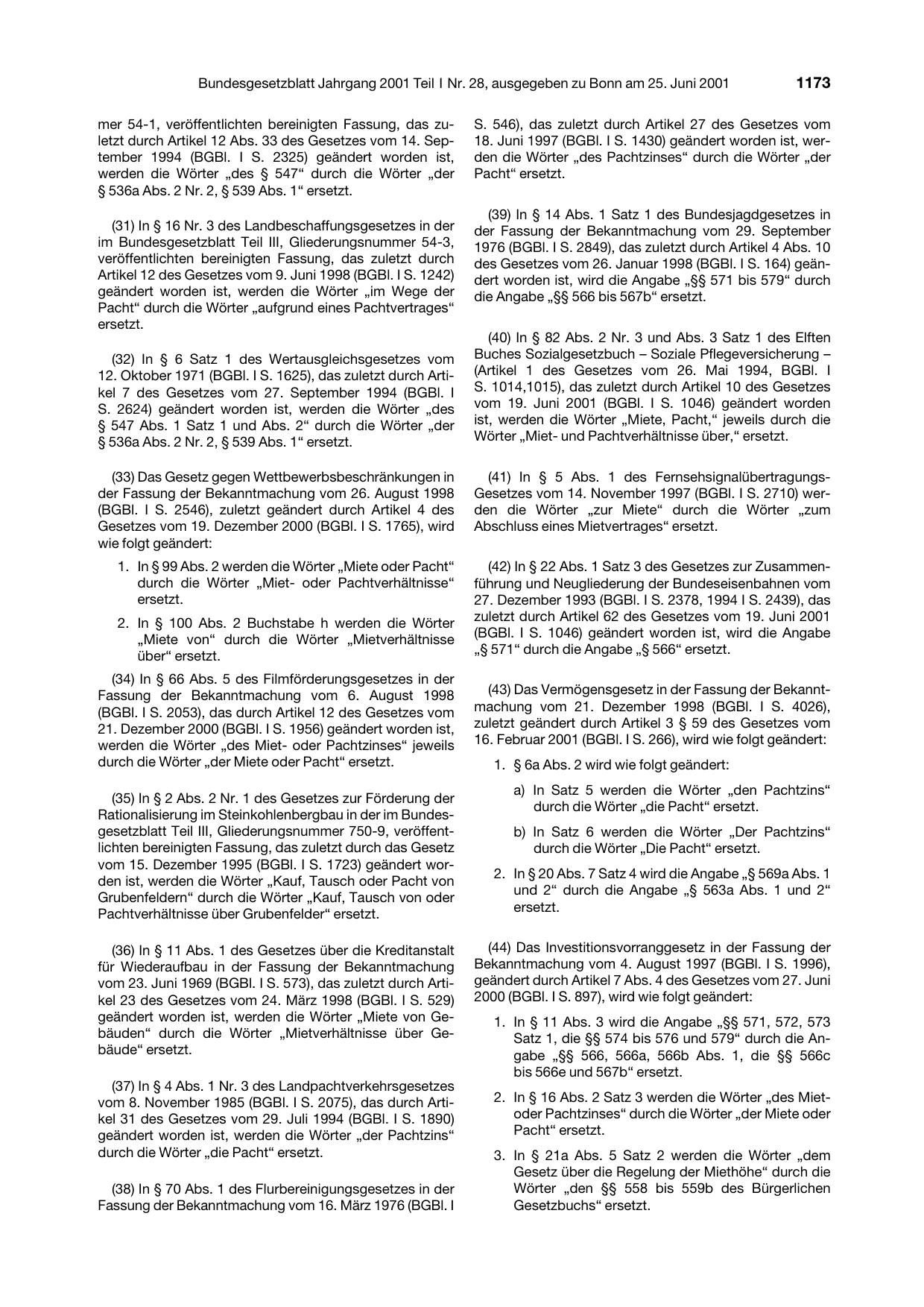 BGBl. 2001, Seite 1173 — Originalseite als Abbildung