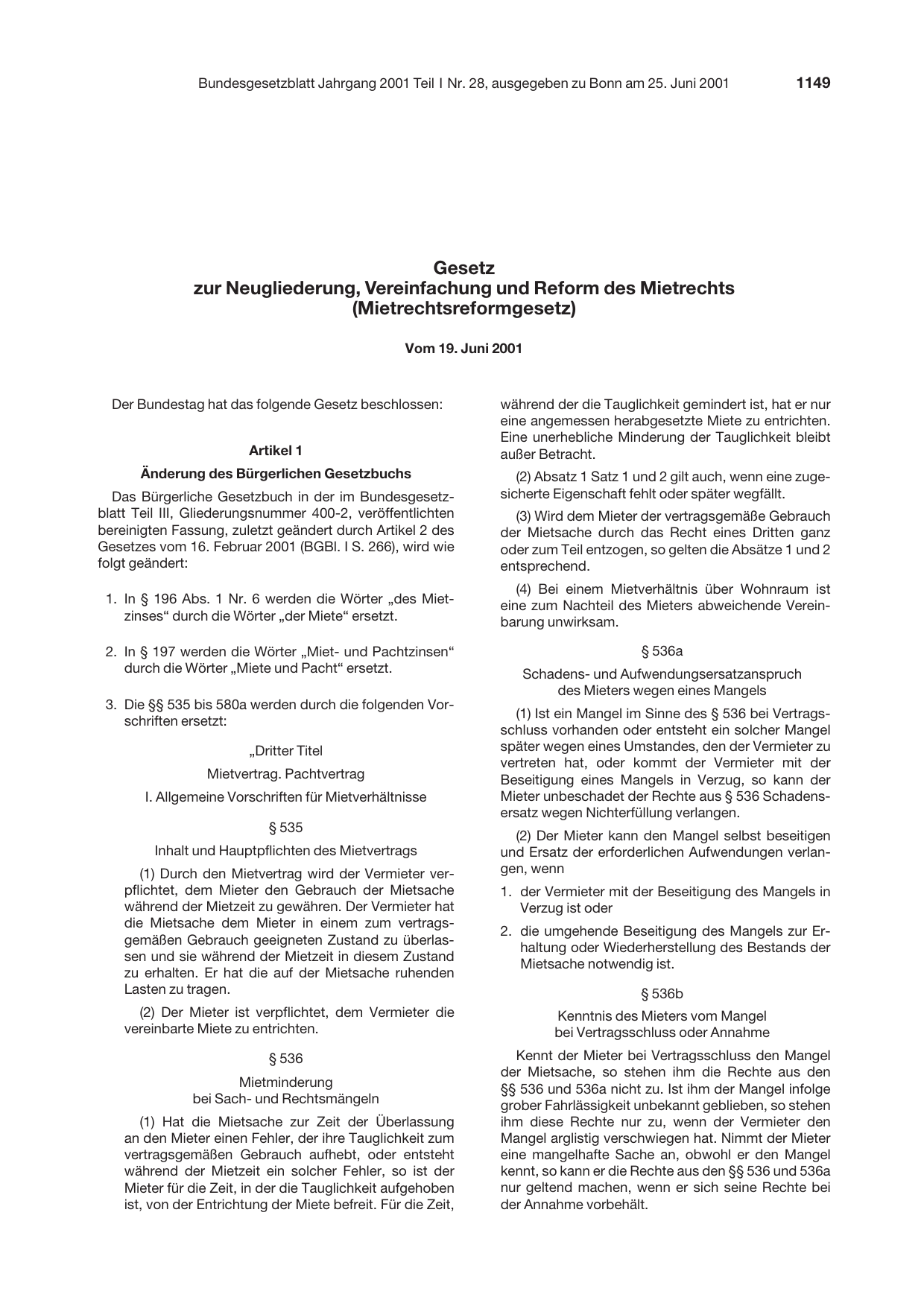 BGBl. 2001, Seite 1149 — Originalseite als Abbildung
