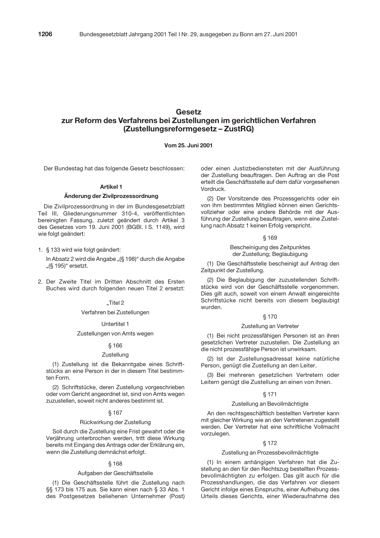 BGBl. 2001, Seite 1206 — Originalseite als Abbildung