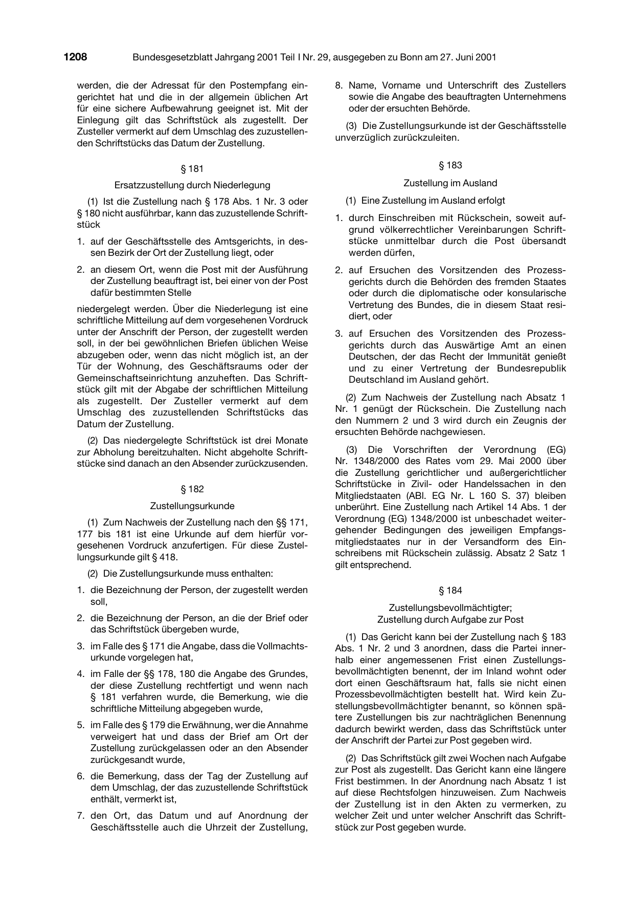 BGBl. 2001, Seite 1208 — Originalseite als Abbildung