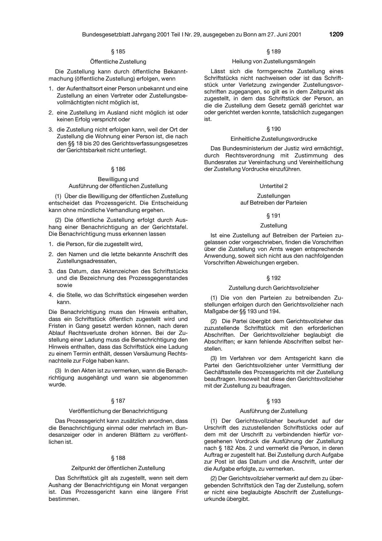 BGBl. 2001, Seite 1209 — Originalseite als Abbildung
