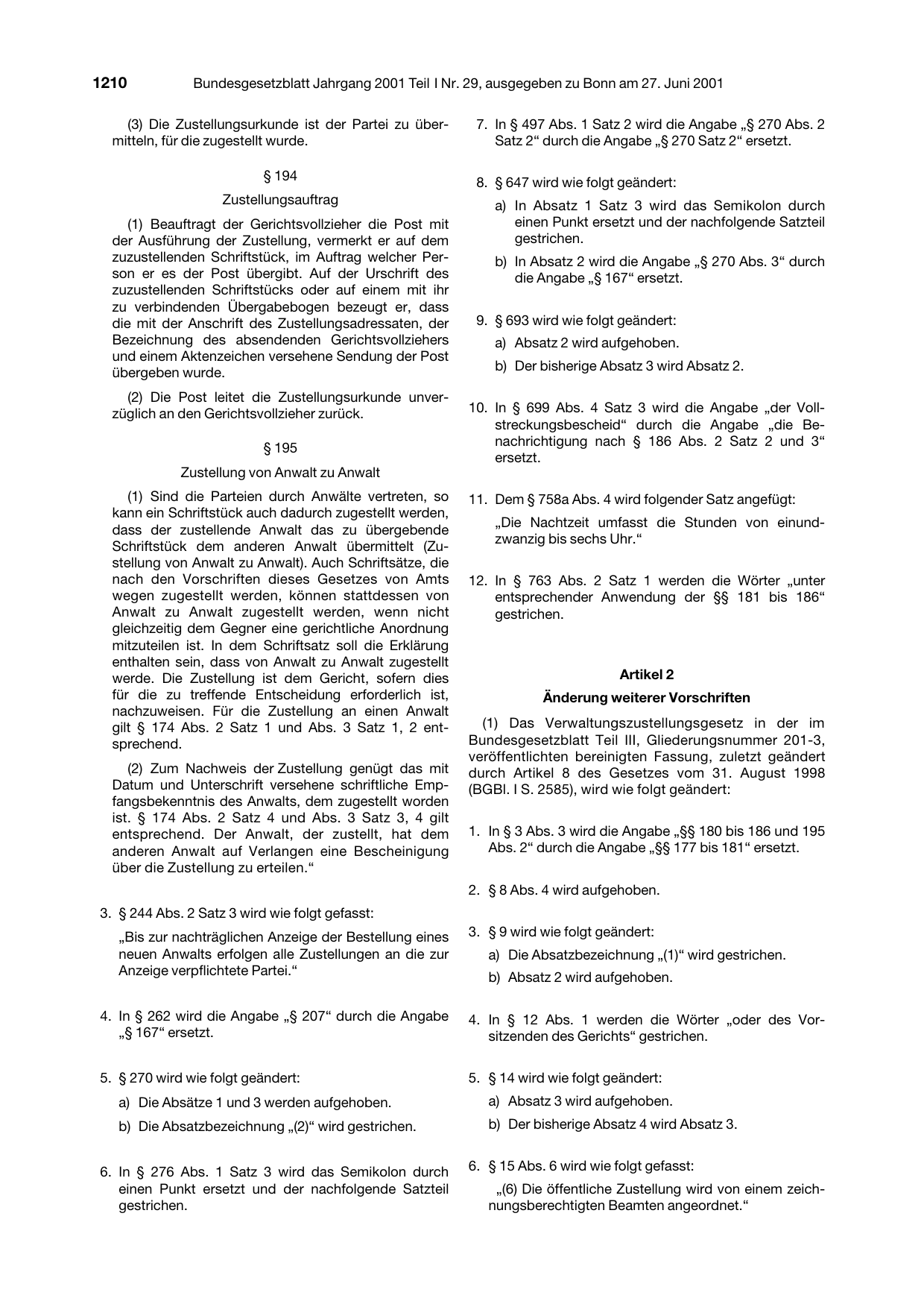 BGBl. 2001, Seite 1210 — Originalseite als Abbildung