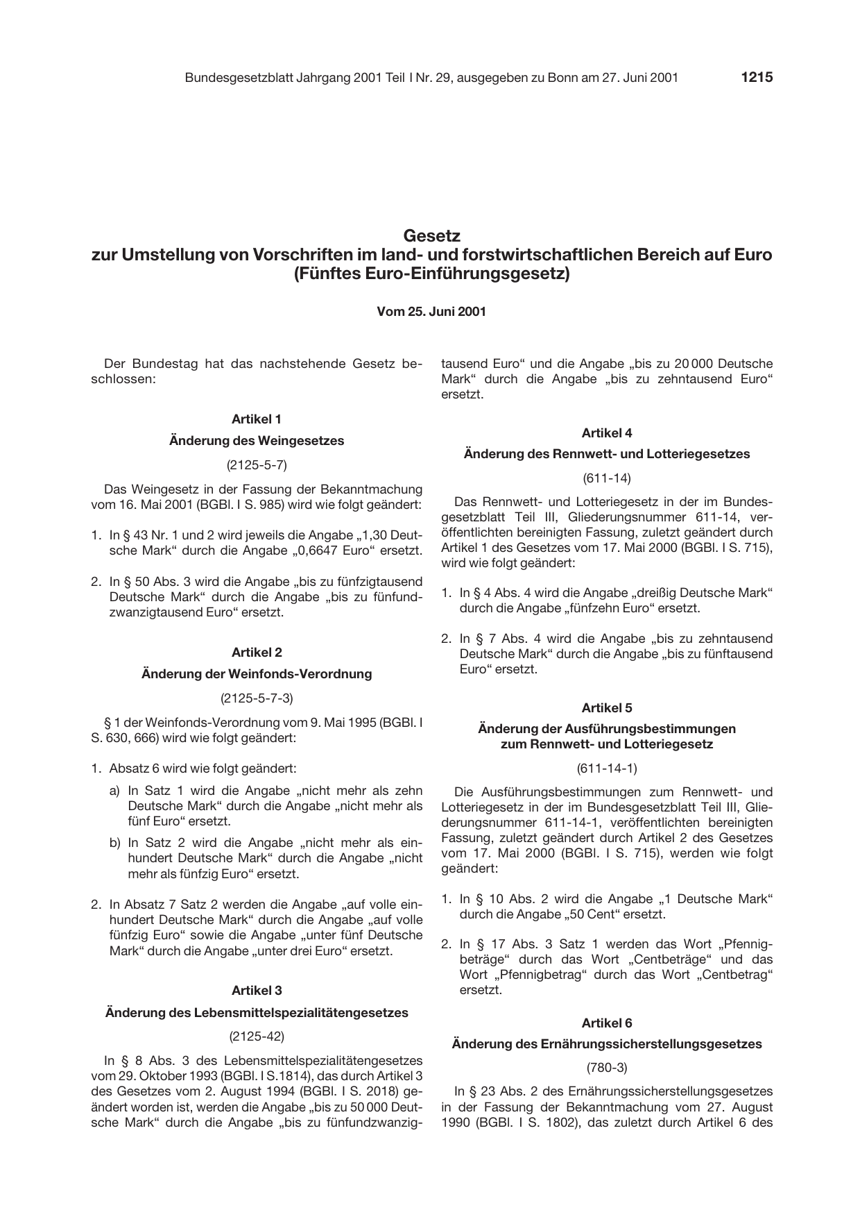 BGBl. 2001, Seite 1215 — Originalseite als Abbildung